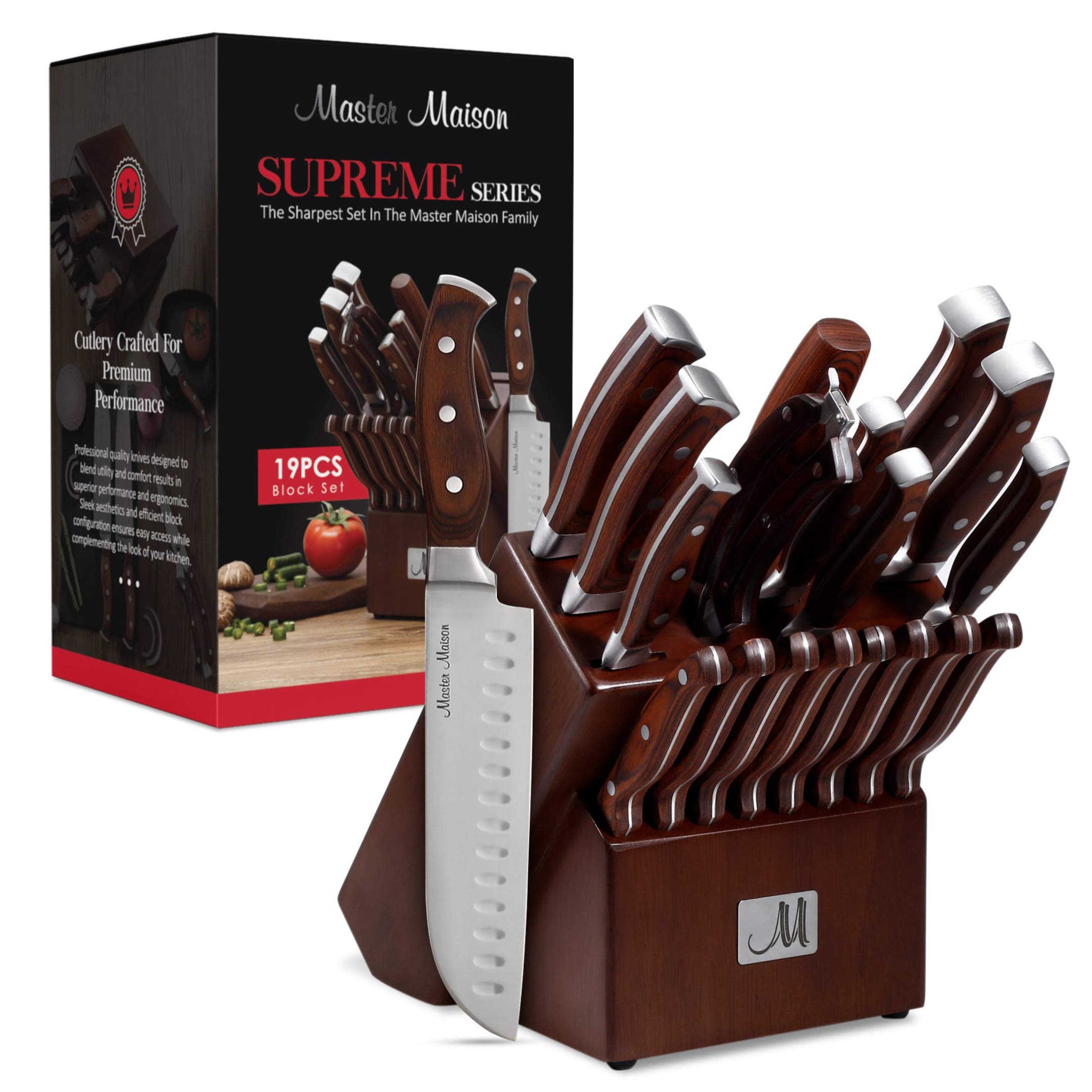 Master Maison 19-Piece Premium Kitchen Knife Set With Wooden Block | German Stainless Steel Cutlery With Knife Sharpener & 8 Steak Knives