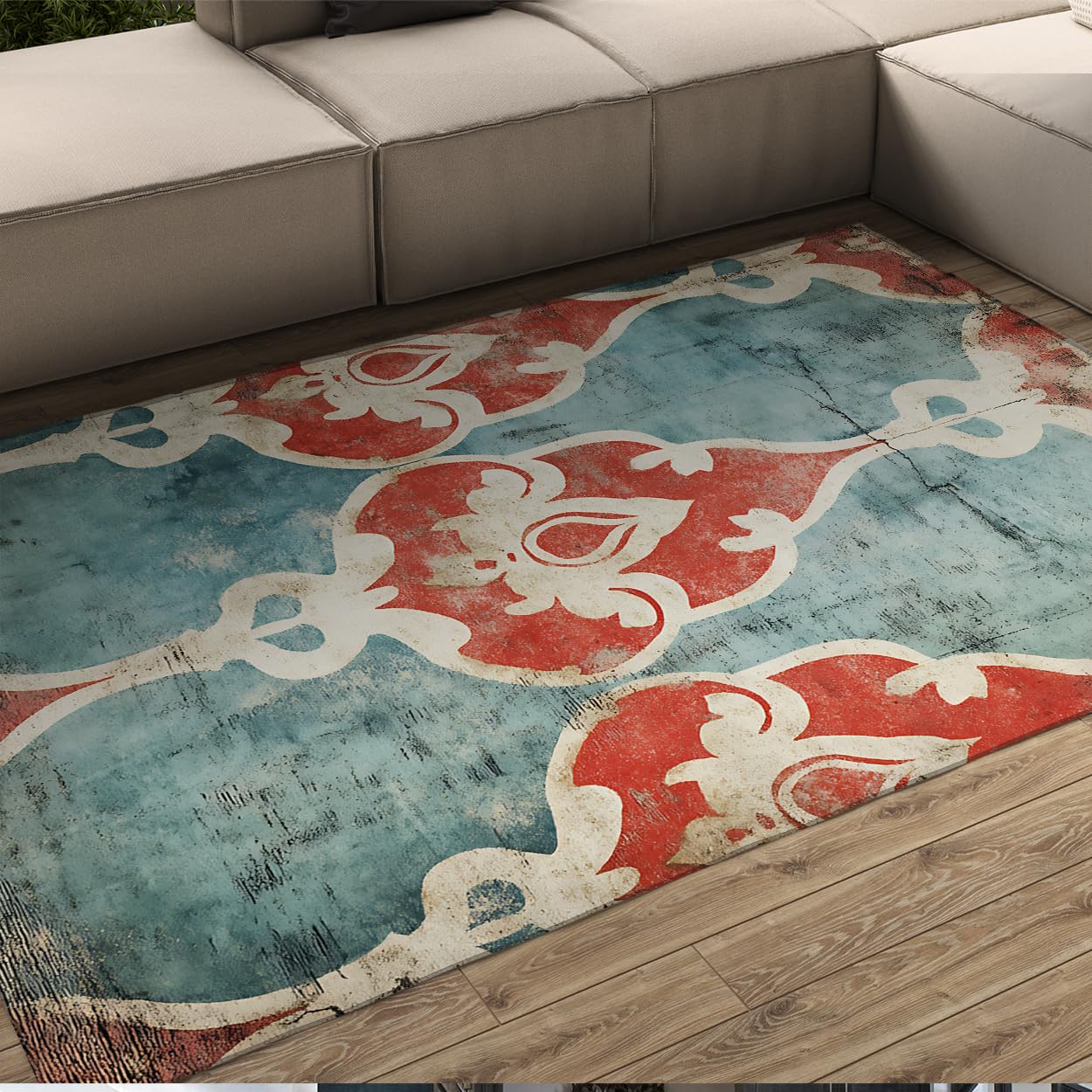 Tapis 180x240cm lavable vintage imprimé floral vieilli avec dossier antidérapant pour le salon