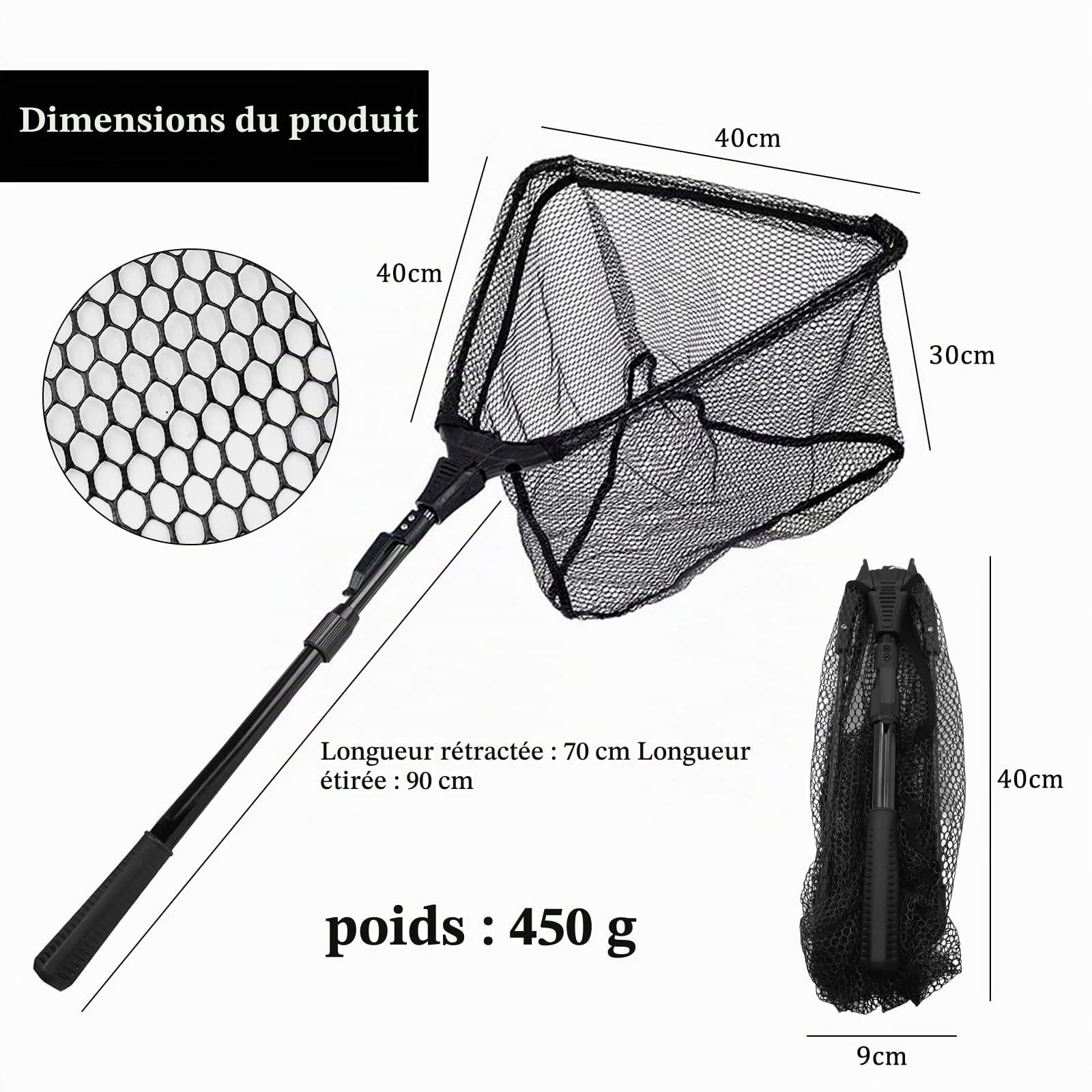 Épuisette de Pêche Pliable, Épuisette Pêche Pliable avec Poignée Télescopique, Longueur Réglable pour Kayak Salmon Chat Basse Étang et Piscine (Noir)