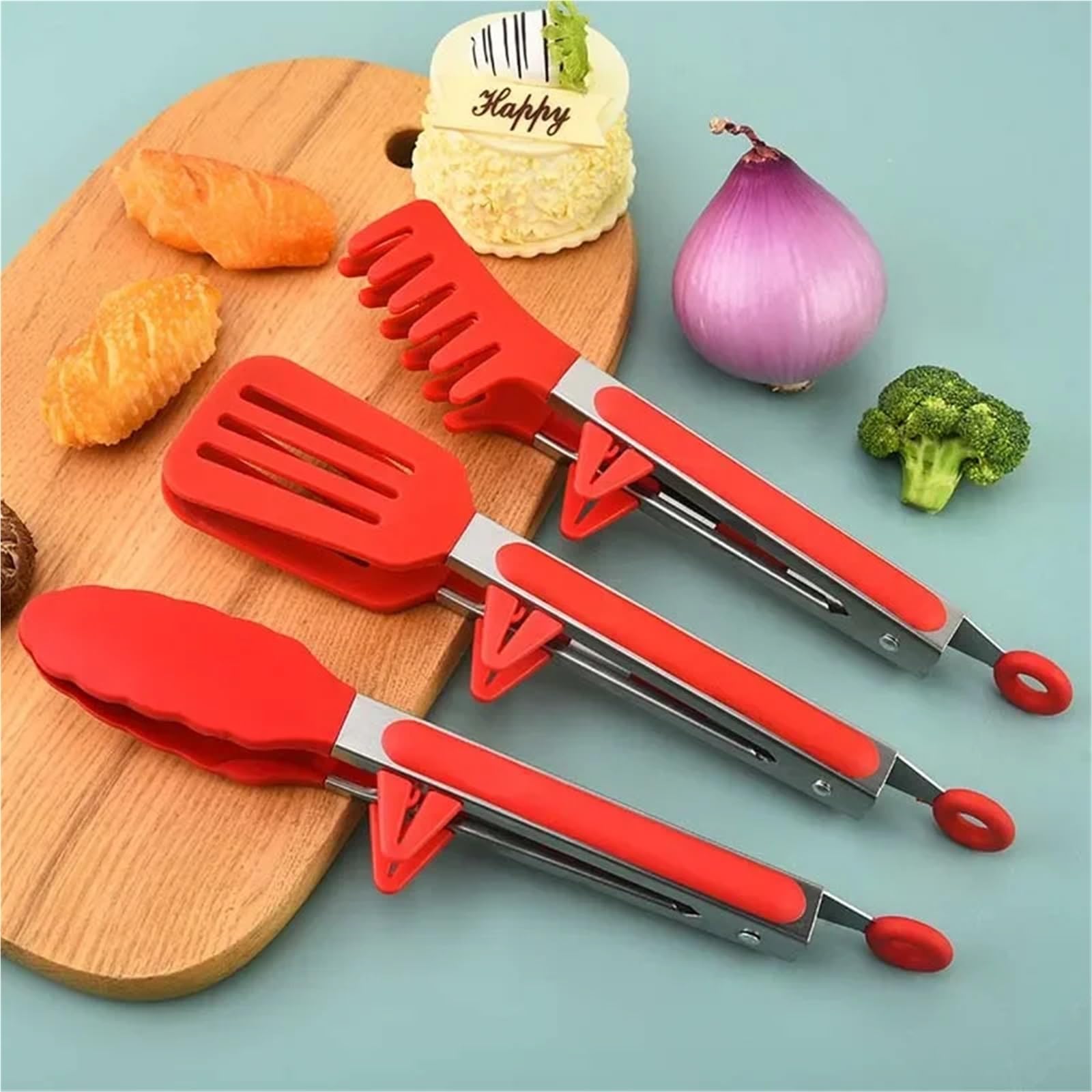Szczypce kuchenne, Szczypce 3 szt. Wielokolorowe, nierdzewne, nylonowe, silikonowe, antypoślizgowe klipsy do sałatek BBQ(Green 3pcs)