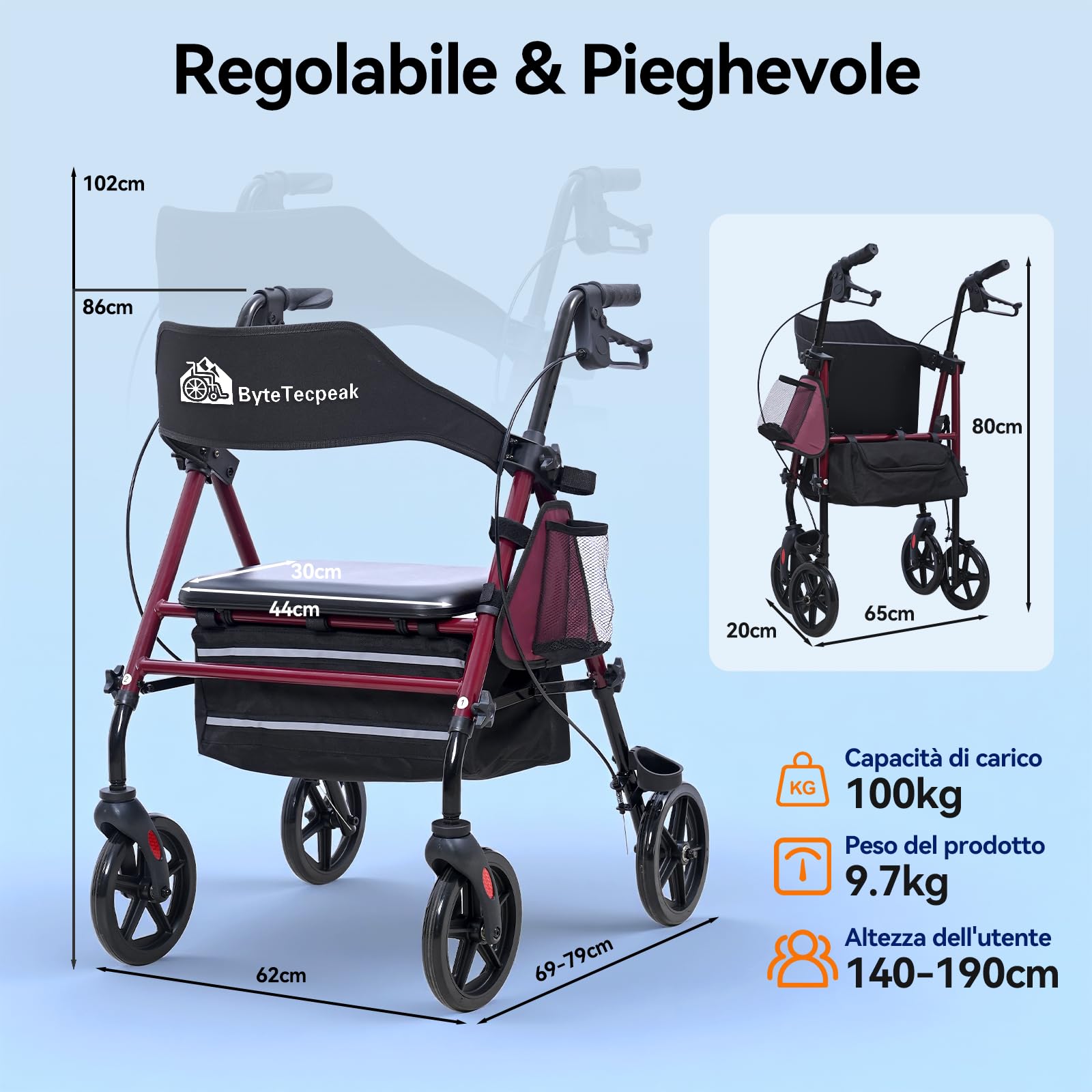 R4 deambulatore pieghevole con seduta, girello per anziani,altezza regolabile in 5 livelli su sedile e maniglie, Deambulatori a 4 ruote, Con borsa della e freni, portata max 100KG (R4-2)