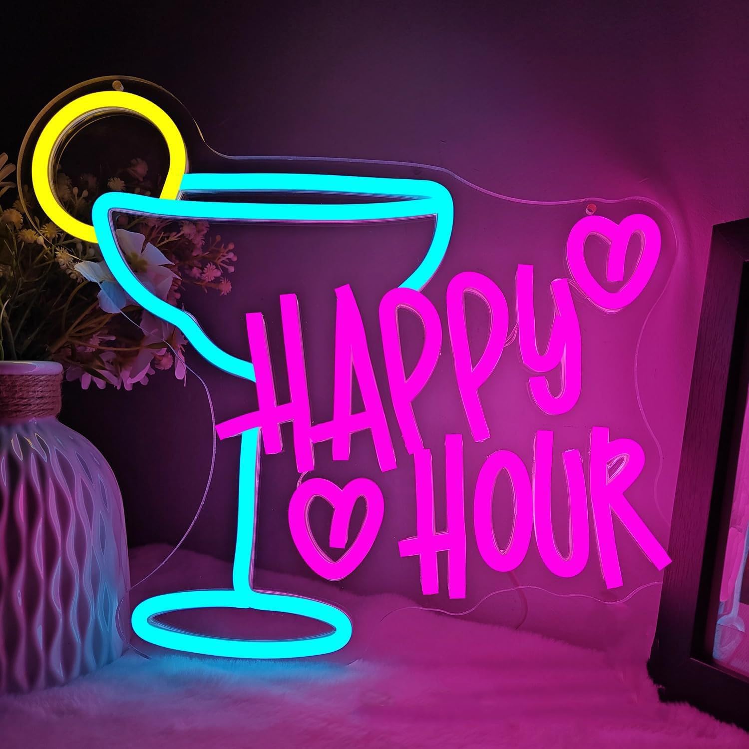 Personalized Happy Hour Neon Sign, Custom LED Margarita Glass Light for Home Bar & Man Cave, Colorful Wall Decor for Party, Wedding, Game Room