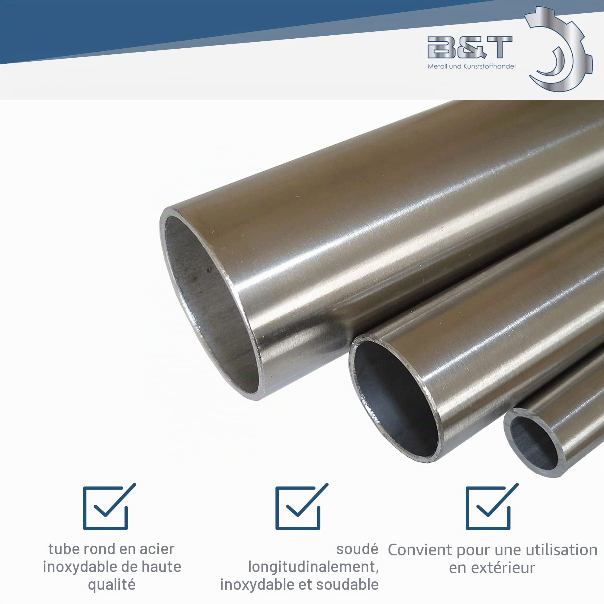 B&T Metall Tube rond en acier inoxydable poli, Ø 22,0 x 1,5 mm (3/4"), longueur environ 1,0 m - Tuyau de construction K240 1.4301, soudé longitudinalement, profil creux