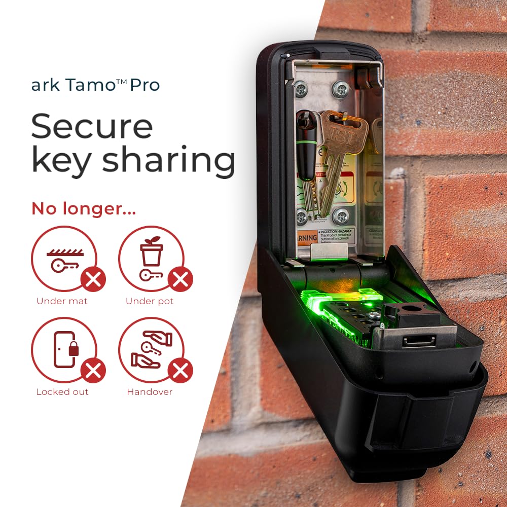 ark Tamo Pro - Caja de seguridad para llaves de pared para exteriores, con botones multipulsadores iluminados, caja de seguridad con combinación de código de 9,7 m, ideal para el hogar, Airbnb y