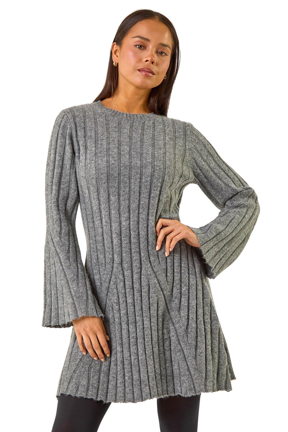 Roman Women's Grey Petite High Neck Knitted Dress In | : Size 14