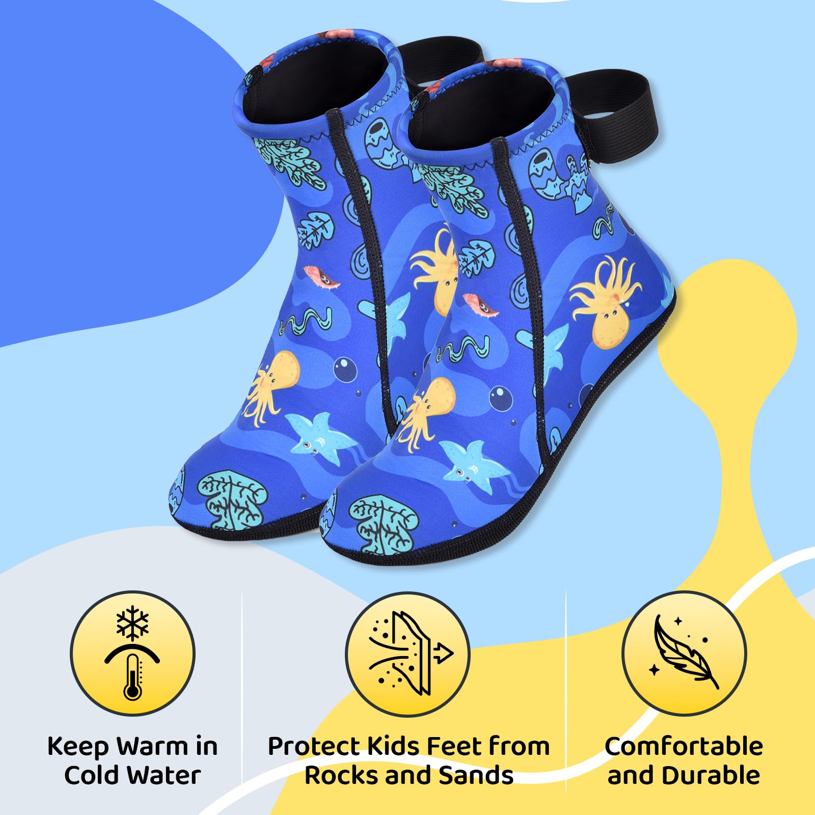 Neoprensocken Kinder 3mm, Rutschfeste Wassersport-Socken Warm Halten Neopren Socken Wassersocken Tauchsocken für Schwimmen, Surfen, Strand & Tauchen, Atmungsaktiv, Langlebig, Blau