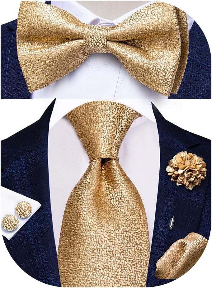 Hi-Tie Mens Tie and Bow tie 5pc Set Silk Necktie Pretied/Selftie Bow Tie Handky Cufflinks Tie Clip or Lapel Pin Set Tuxedo