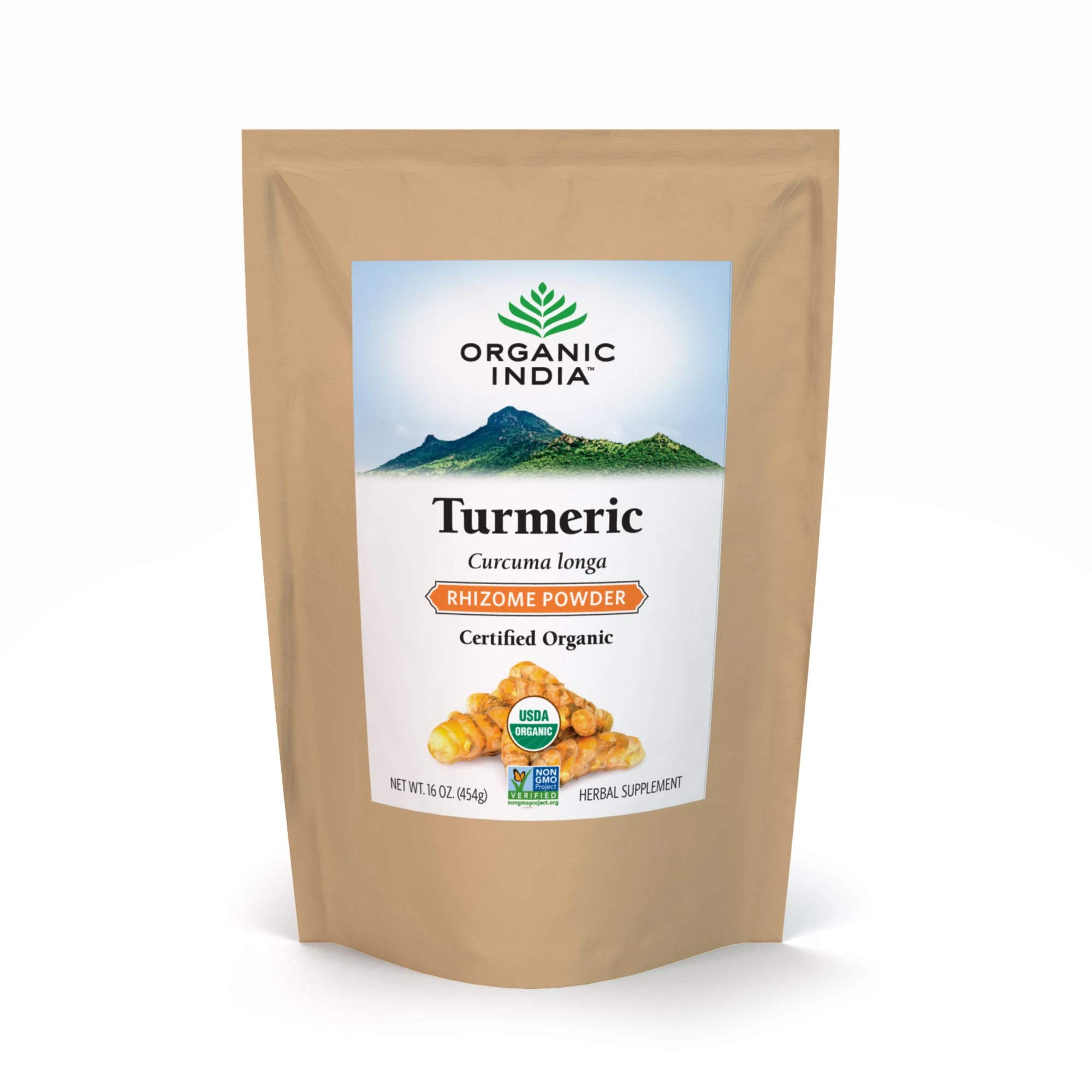 ORGANIC INDIA Natural Turmeric Curcumin Whole Root Supplement, USDA Certified Organic, High Bioavailability Formula (1 Pound)