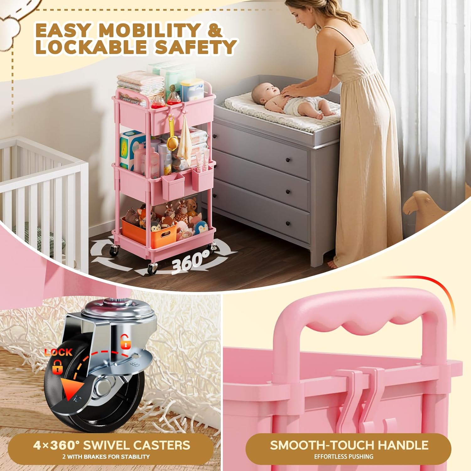 Goovilla Diaper Cart with Lockable Wheels and Easy Assembly, 3 Tier Pink Rolling Cart for Baby Nursery Storage, Sturdy Ample Diaper Caddy Organizer for Baby Girl, Boy, New Mom, Newborn Essentials