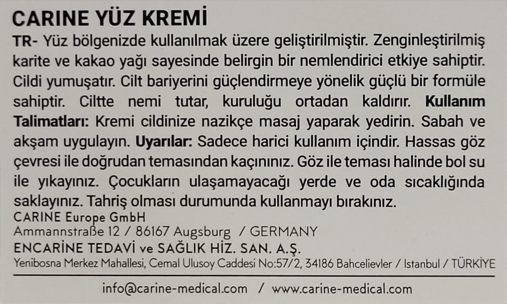 CARINE Yüz & Boyun Bakım Kremi 100 ml | Nemlendirici & Besleyici Formül | Günlük Cilt Bakımı