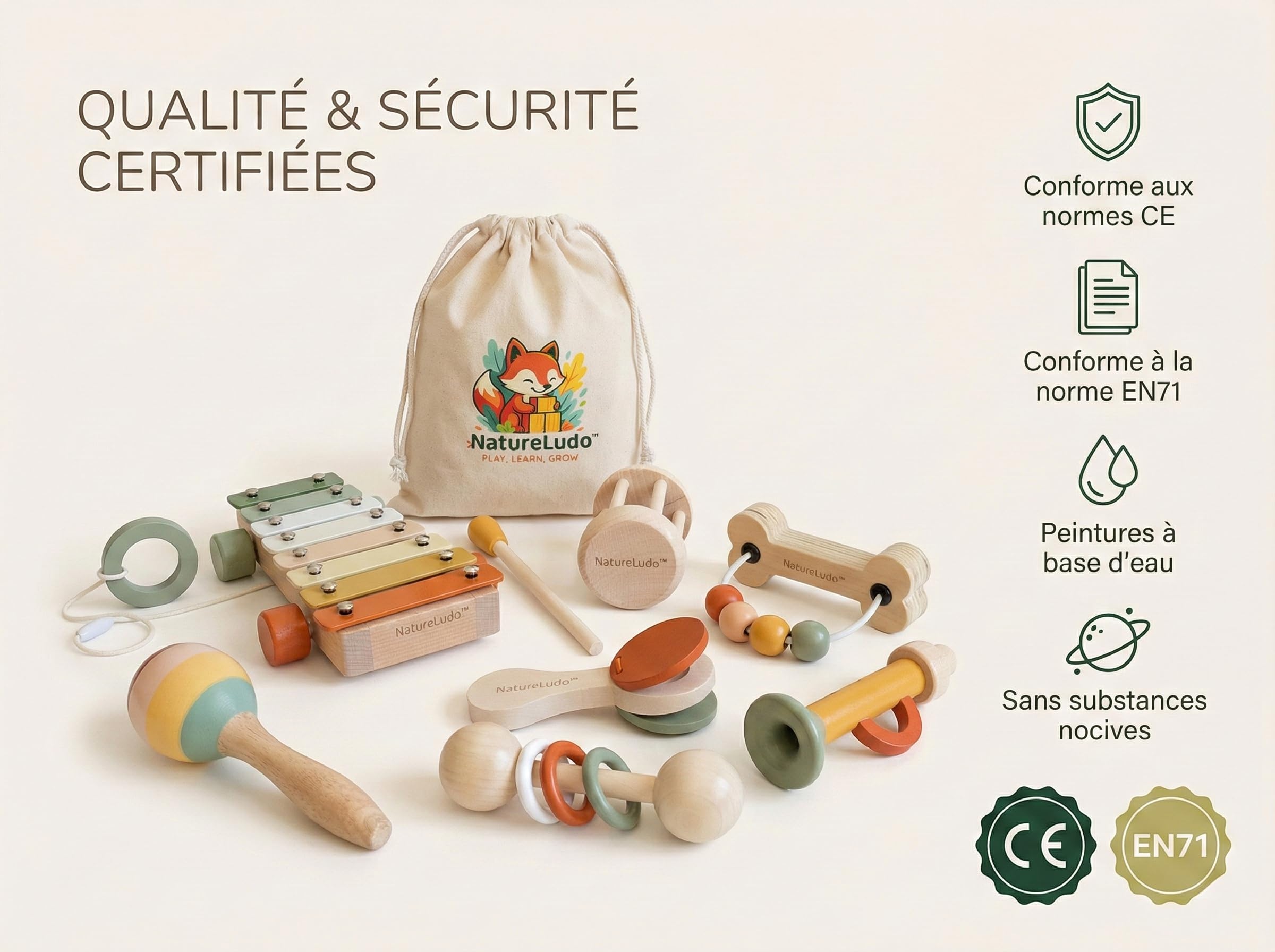 Instruments de Musique Enfant en Bois - 7 Pièces Montessori | xylophone maracas bébé - idée cadeau noël et anniversaire dès 3 ans