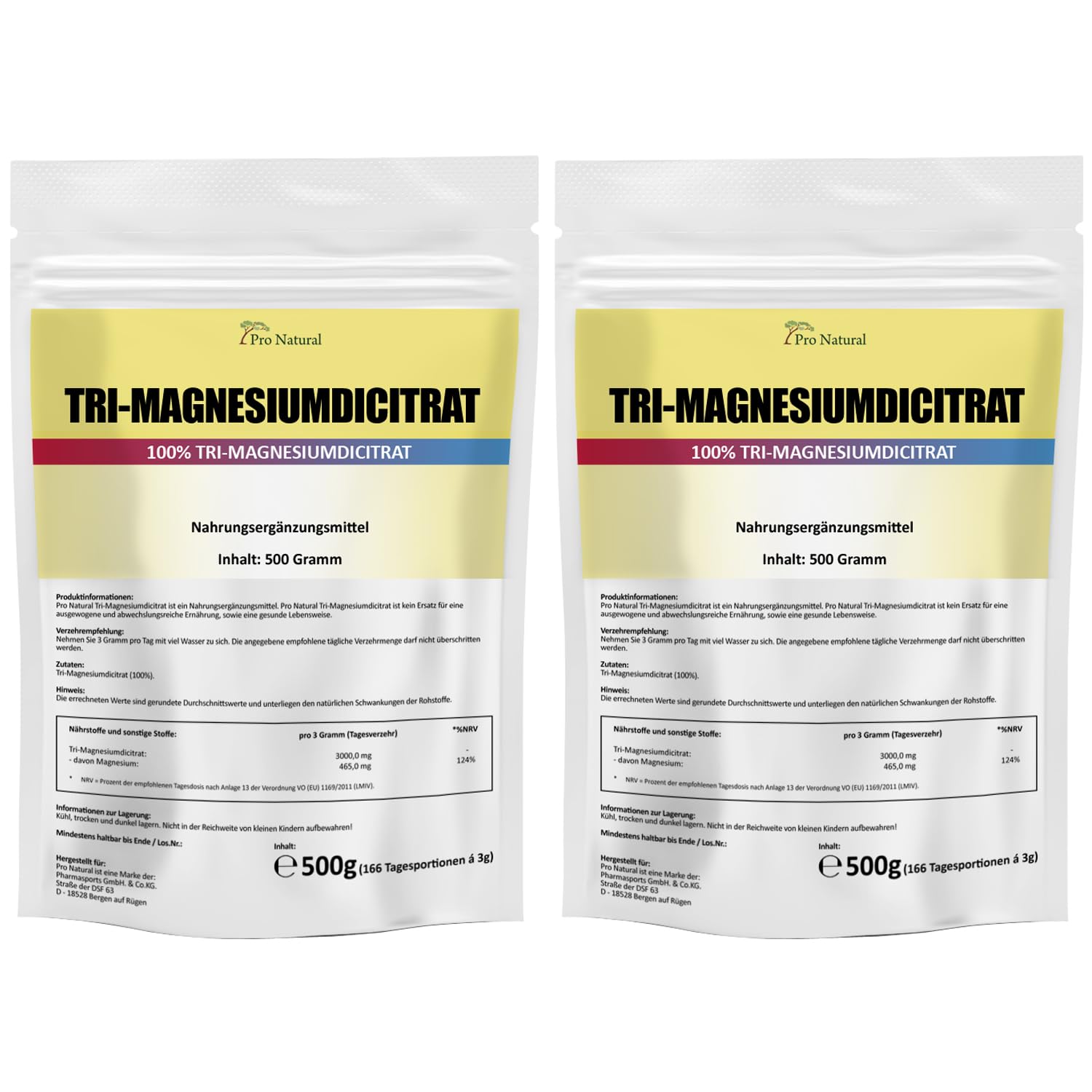 Magnesium Citrat 1kg veganes Pulver hochwertiges Tri-Magnesiumdicitrat wasserfrei (2 mal 500g)