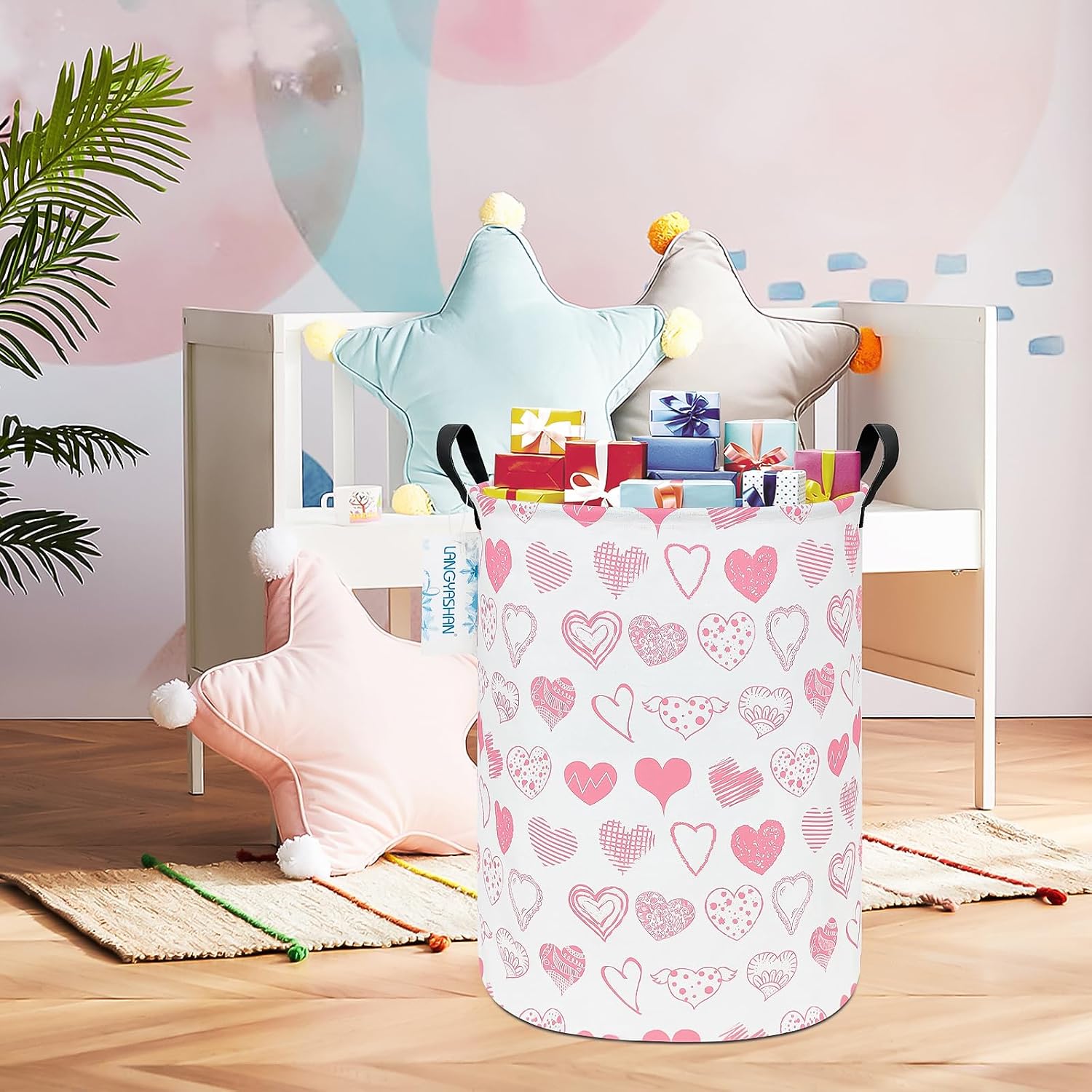 Laundry Hamper Fabric Organizer Collapsible Basket Angel Heart | Waterproof Storage Bin Kids Toy Clothes Baskets for Gift Children Nursery Bedroom Bathroom