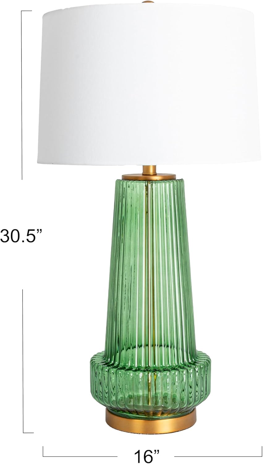 Creative Co-Op Ribbed Glass Table Lamp with Tapered Drum Shade, Green