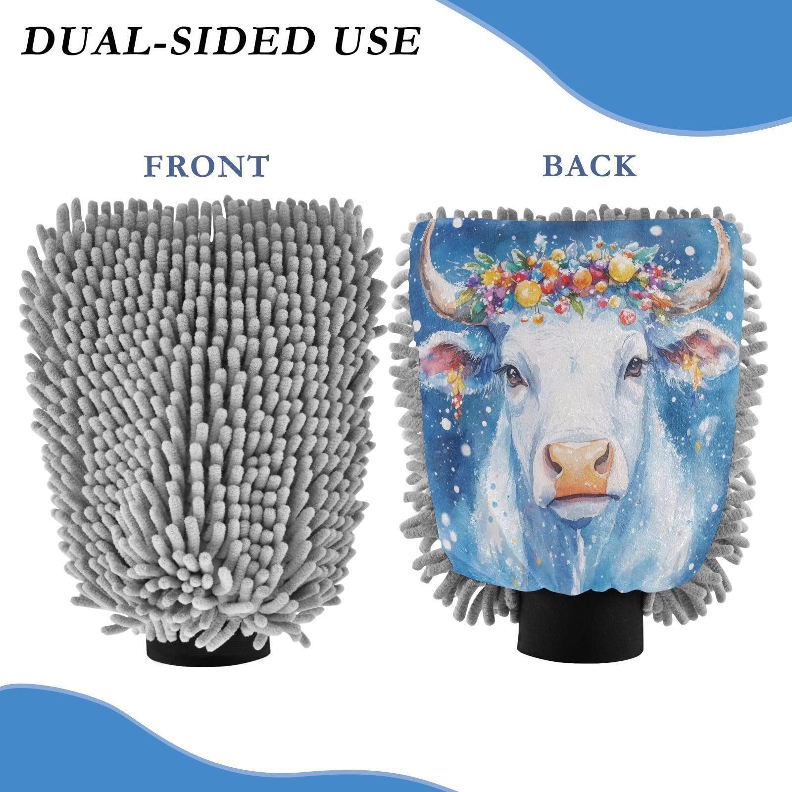 Hezely Watercolor Blue Bull Car Wash Mitt, 2PK Scratch Free Lint-Free for Car Washing and Detailing