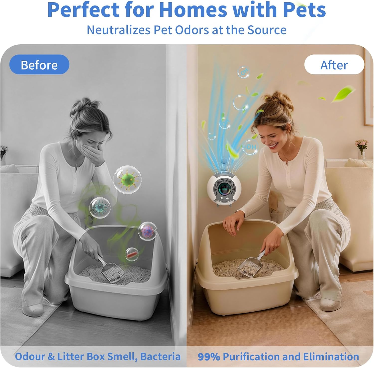 Water Ionic Air Purifier for Home Pets – Small Filterless Pet Odor Eliminator with USB-C, Air Ionizer for Cats&Dogs, Bedroom, Bathroom, Kitchen, Quiet Continuous Air Purification, Beige
