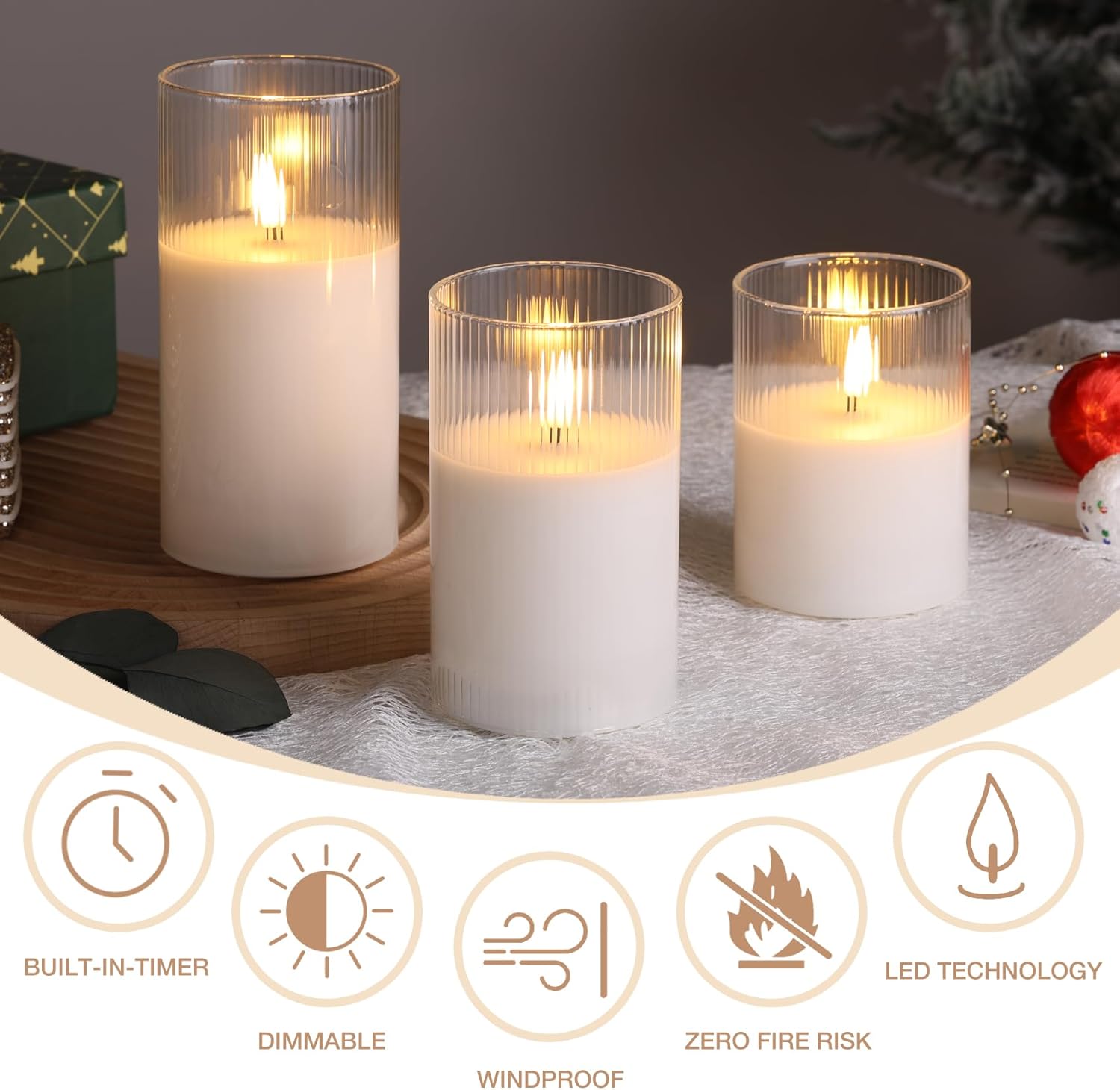 Eywamage Clear Ribbed Glass Flameless Candles with Remote, Flickering LED Pillar Candles Real Wax, Set of 3