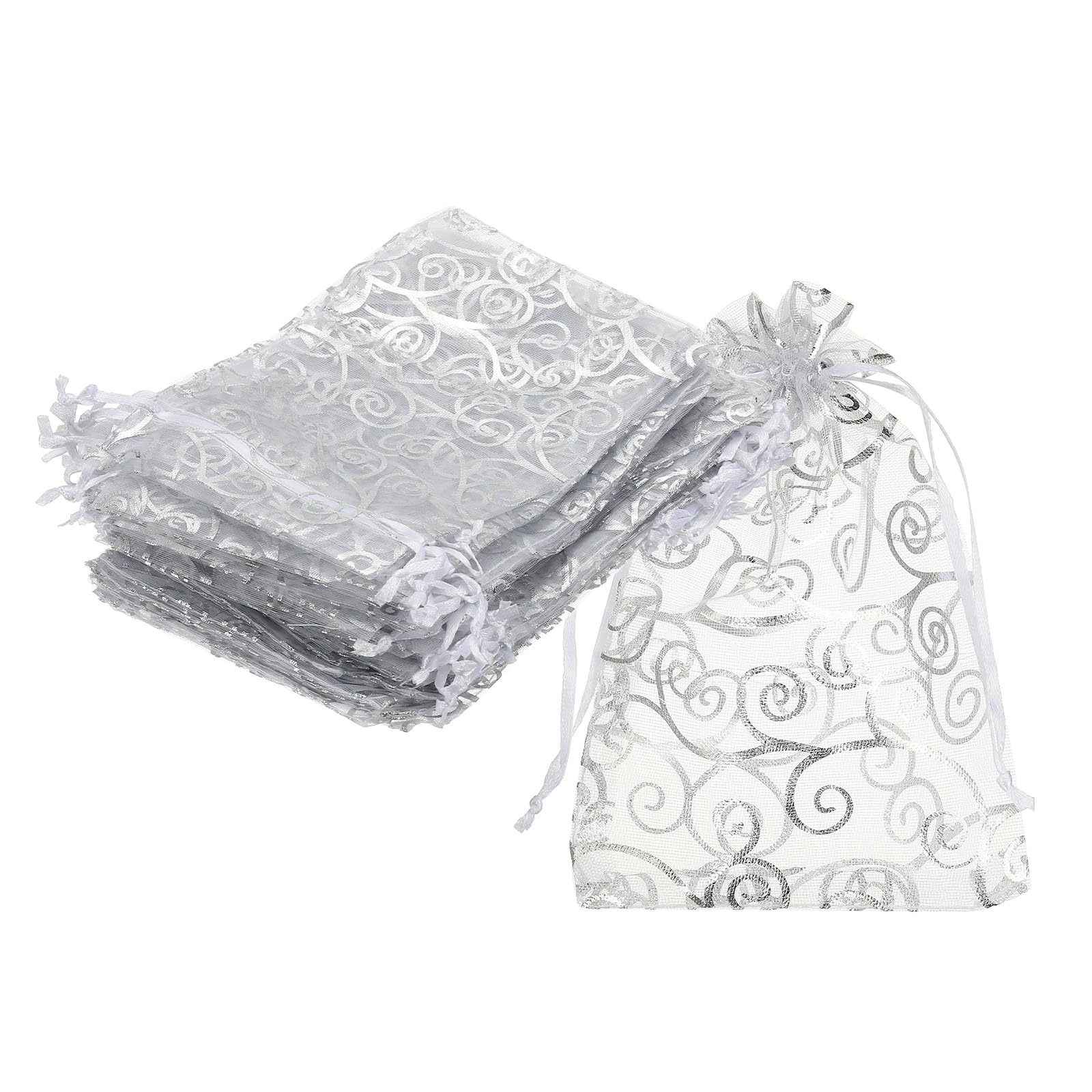 sourcing map Organza Bags, 50Pcs 10 x 15cm Candy Mesh Bag with Drawstring Jewelry Gift for Party Favor Pouch Christmas Wedding Festival Small Gift, White-Silver