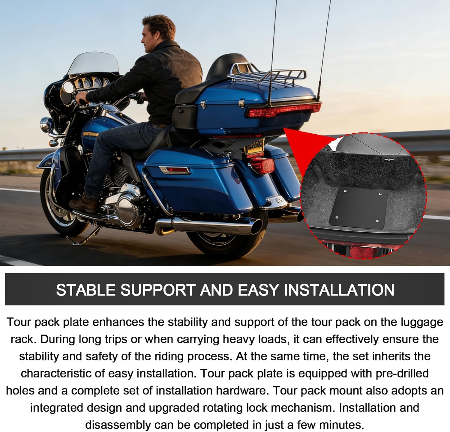 Tour Pack Mount Bracket with Tour Pack Plate Compatible with Touring CVO Street Glide Road King Road Glide 2014-2025 Electra Glide Standard 2019-2022, Tour Pack Mount Kit