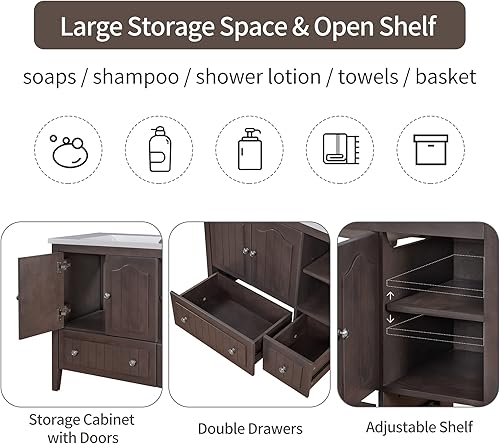 Miniatura 9 de Merax Juego de tocador de baño de 36 pulgadas con fregadero de cerámica armario con cajón y puertas marco de madera maciza con acabado pintado