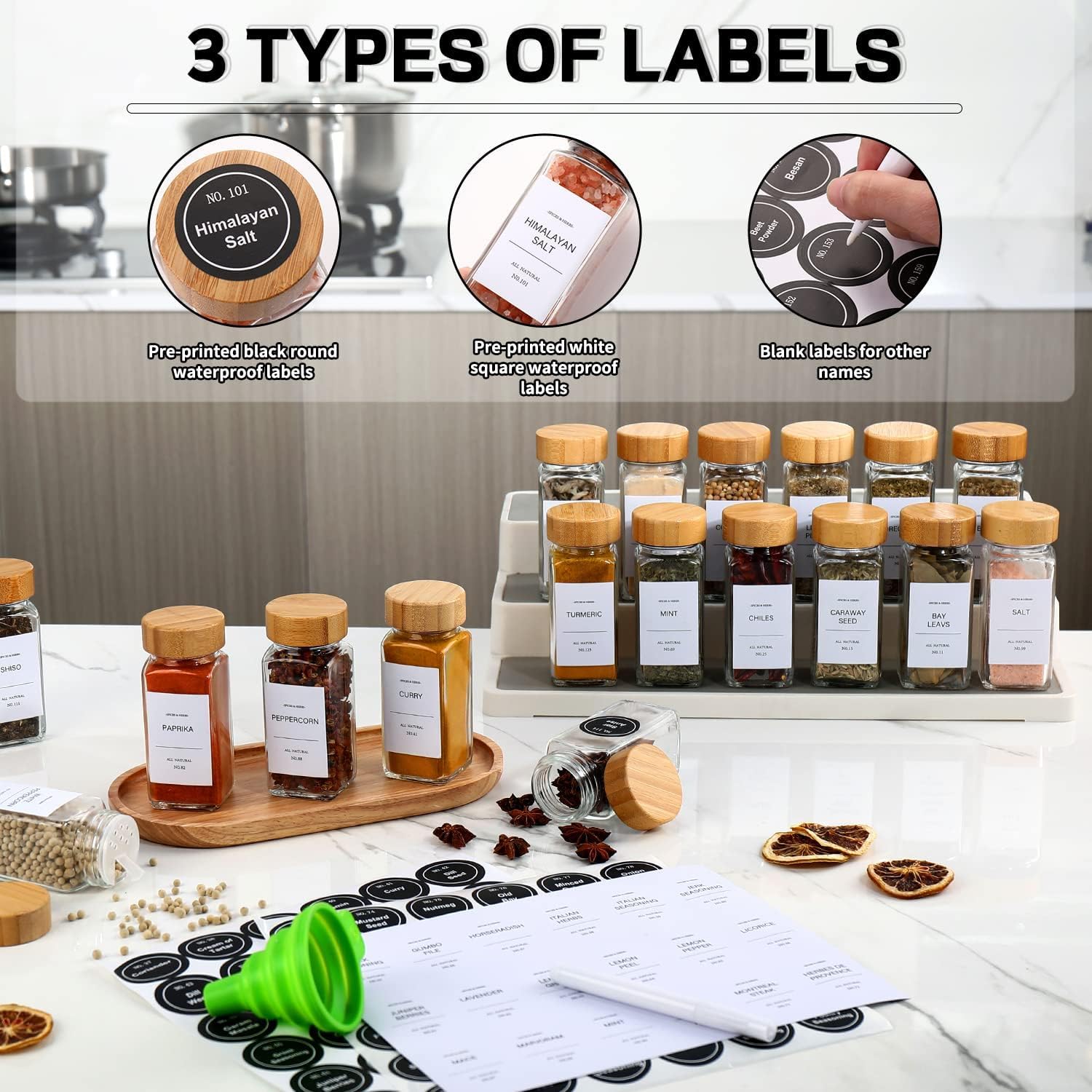 MEETOZ Glas Gewürzgläser mit Etikett Set, Glas Gewürzdosen mit Holzdeckel, Gewürze und Gewürze Sets Organizer, Gewürzglas mit Deckel Lebensmittelkanister Flasche Zuckerstreuer 24pcs