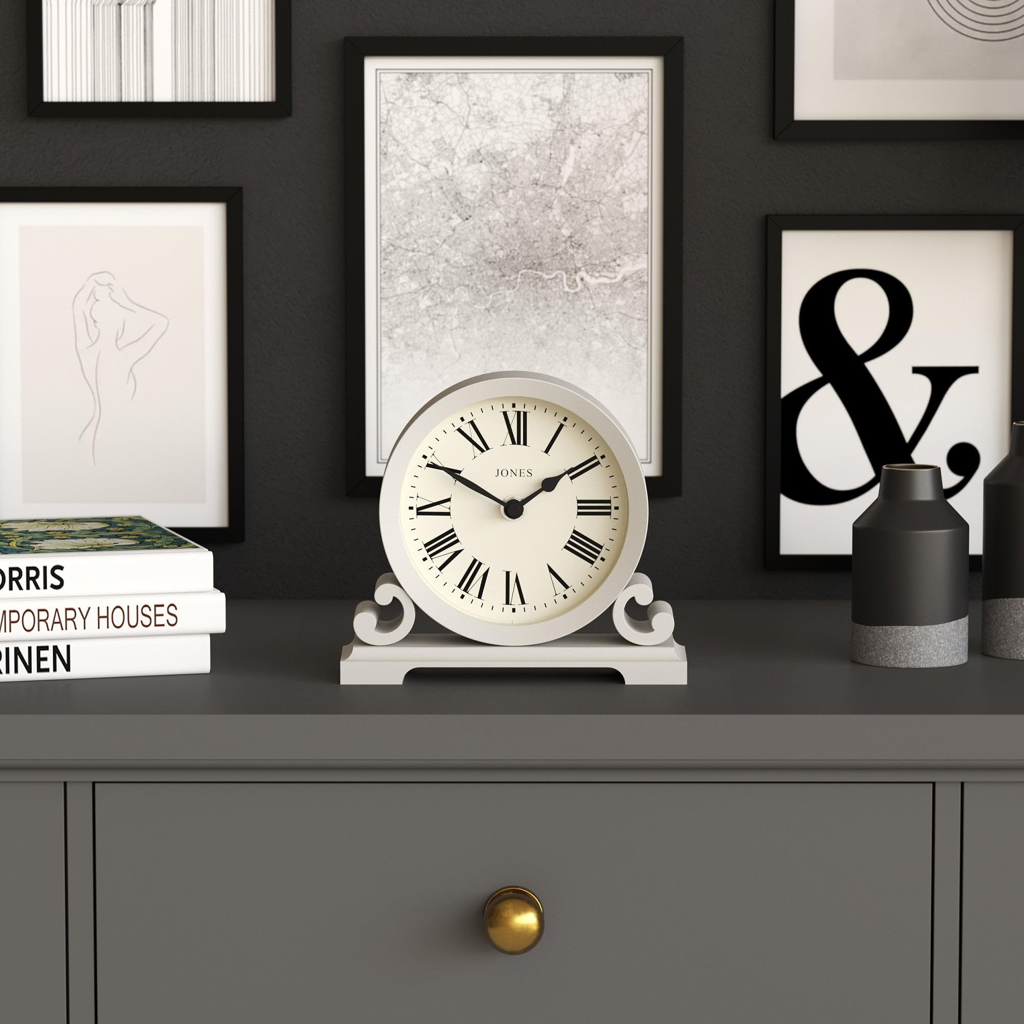 Horloge De Cheminée Jones Clocks - Style Classique Chiffres Romains - Gris Élégant