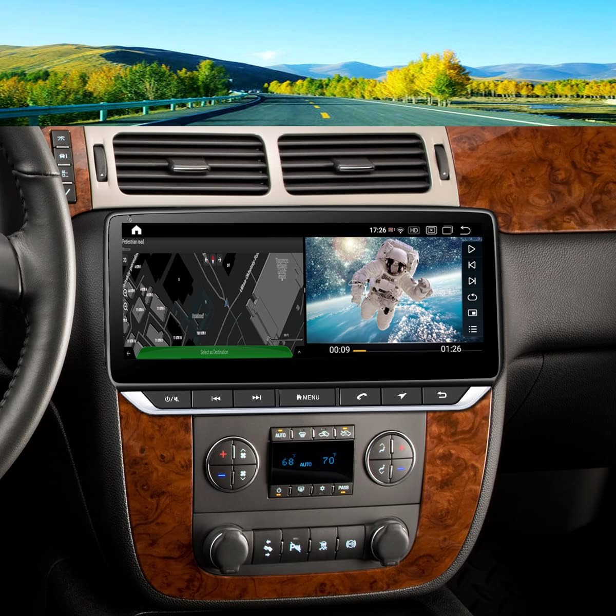 Image showing the Android stereo displaying a split screen with GPS navigation on one side and a video playing on the other.