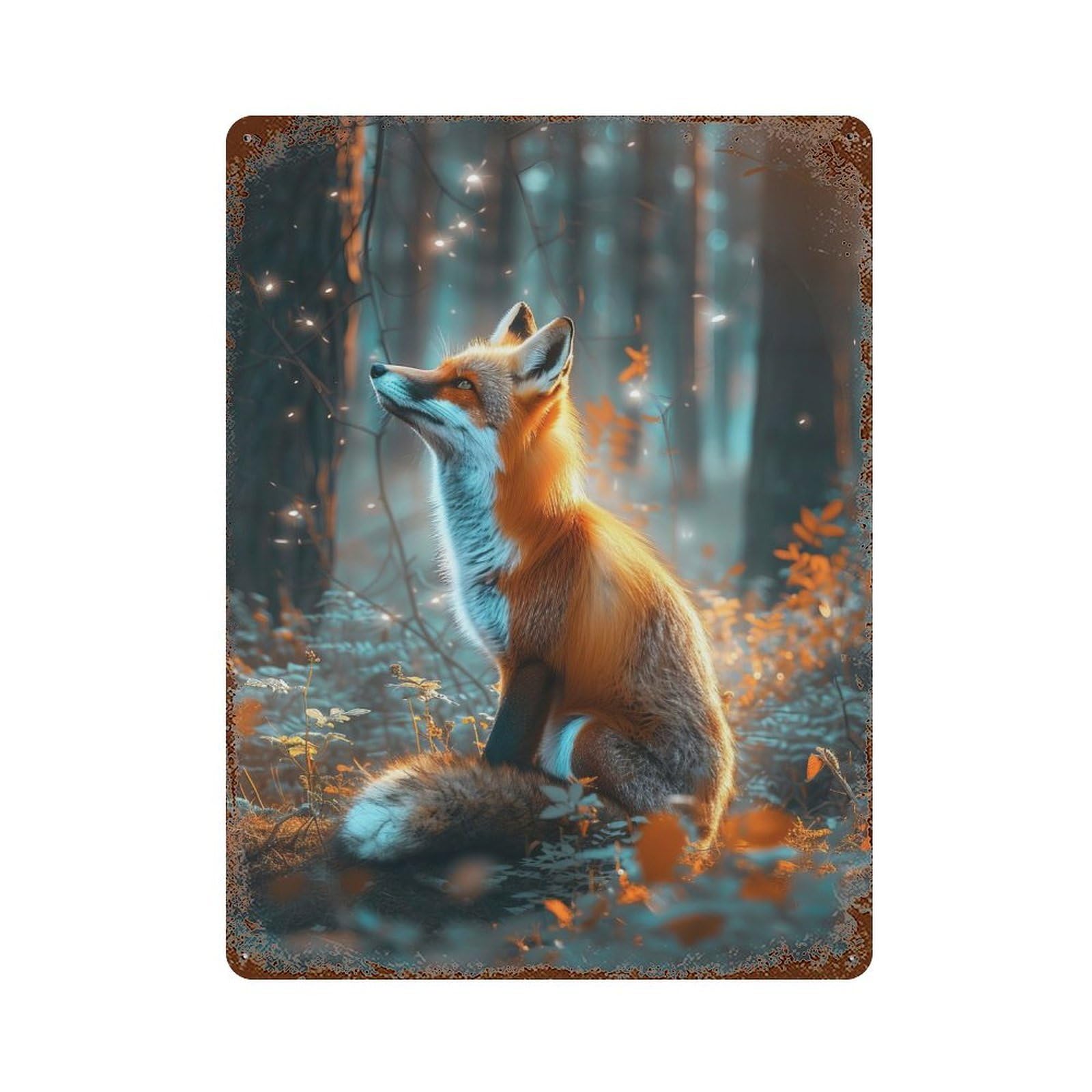 Rust Effect Fox in Enchanted Forest Rusty Metal Tin Sign 15.7"x11.8", Old School Wall Decor for Pub, Kitchen And Man Cave Decor