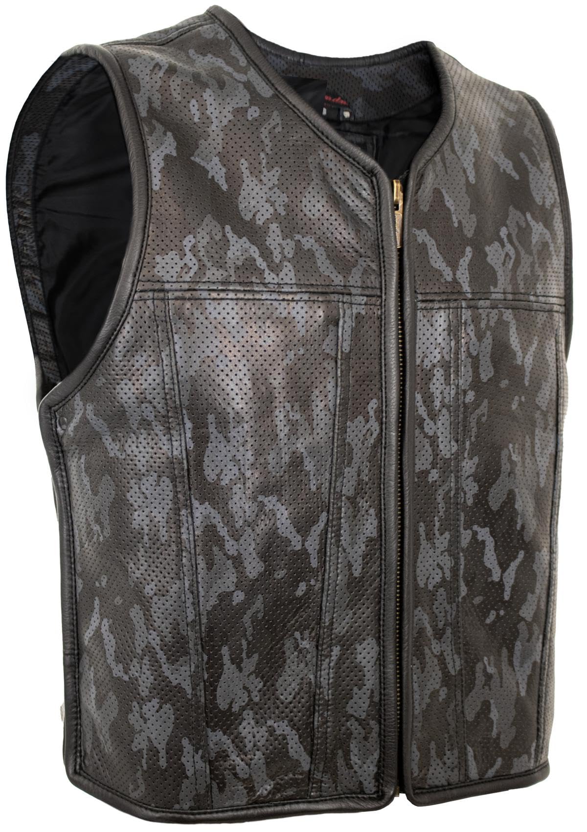 Chaleco de piel para hombre, diseño de camuflaje, color negro y gris, perforado, de auténtica piel de vacuno, ampliable mediante cremallera