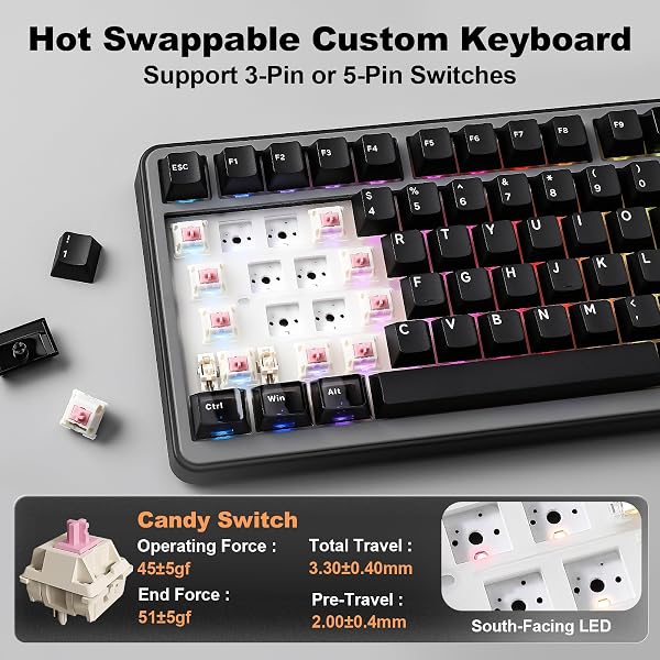 YUNZII B75 Pro Max QMK/Via Clavier Mecanique sans Fil, 75% Disposition avec Écran TFT et Molette, Gasket Hot Swap Switch Pré-lubrifiés, RGB, BT/Filaire/2,4G pour Win/Mac (Noir, Candy Switch) - 5