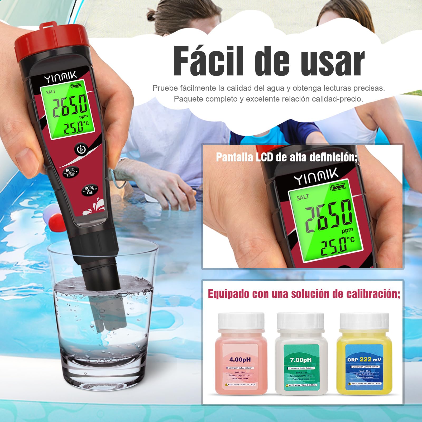 YINMIK Medidor de pH y Cloro salino para Piscinas, 7 en 1, Profesional, para Piscinas de Agua Salada, electrónico, pH y EC TDS para acuarios hidropónicos.