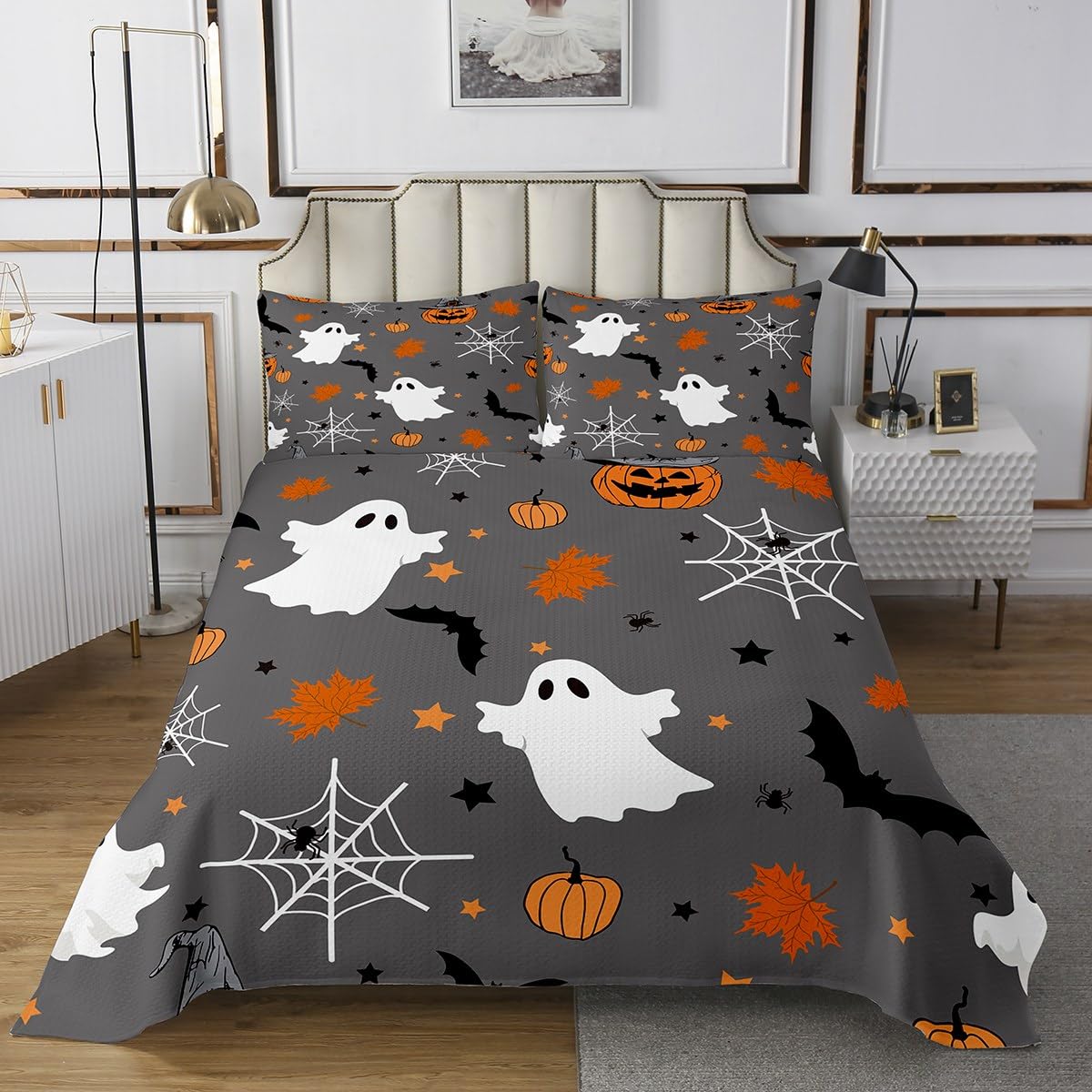 Bats Halloween Decoration Pumpkin Quilt Set Witch Hat Bedspread Set Spider Web Coverlet Set Twin,Toddler Bedding Set for Kids Women,Cartoon Ghost Spooky Spider Webs Halloween Decorations Indoor