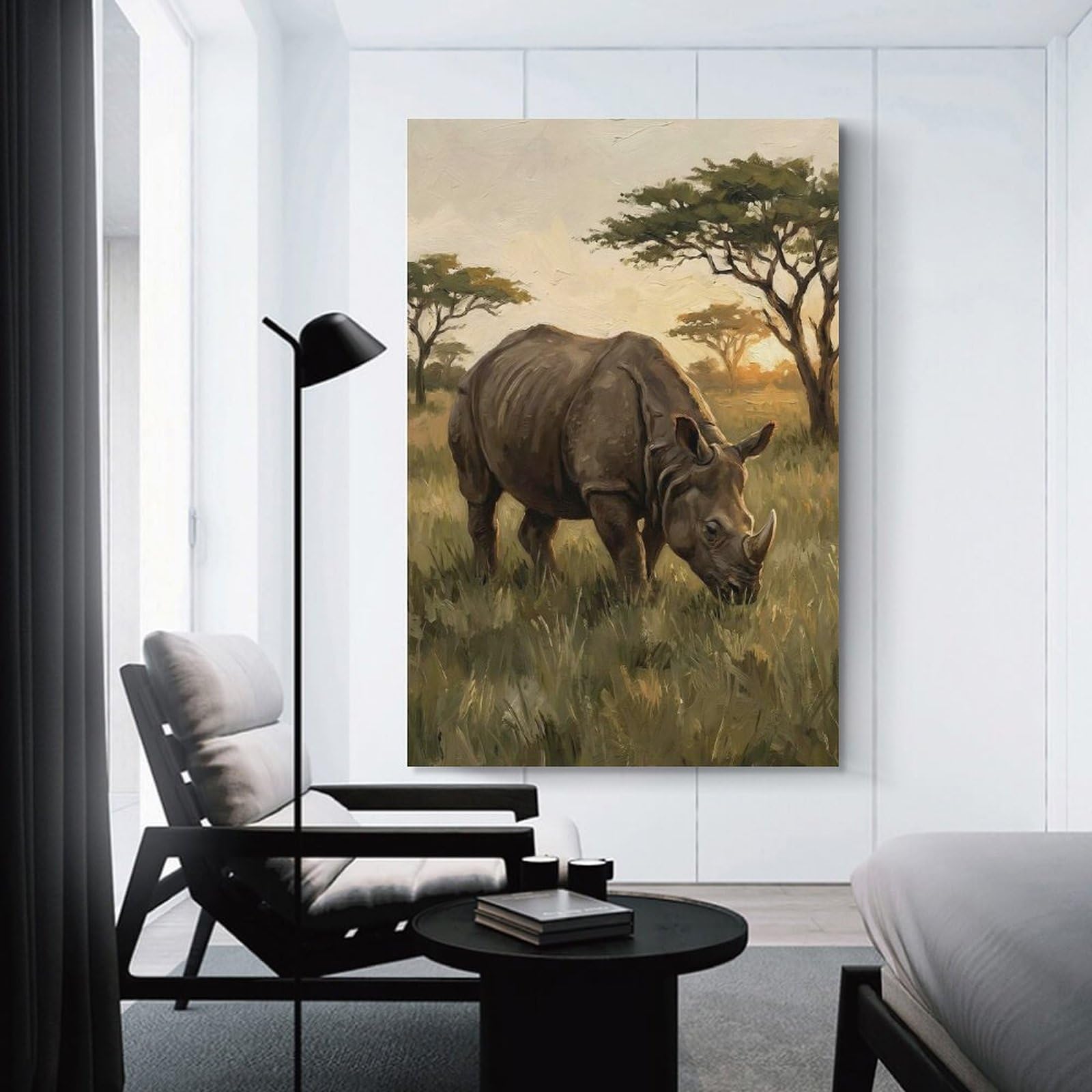 Junmoney Rhino Grazing in African Savannah Wall Decor Canvas Print, 12x18inch(30x45cm), for Small Homes, Bedrooms Or Open Spaces, Wall Decor with Flexible Room Appeal