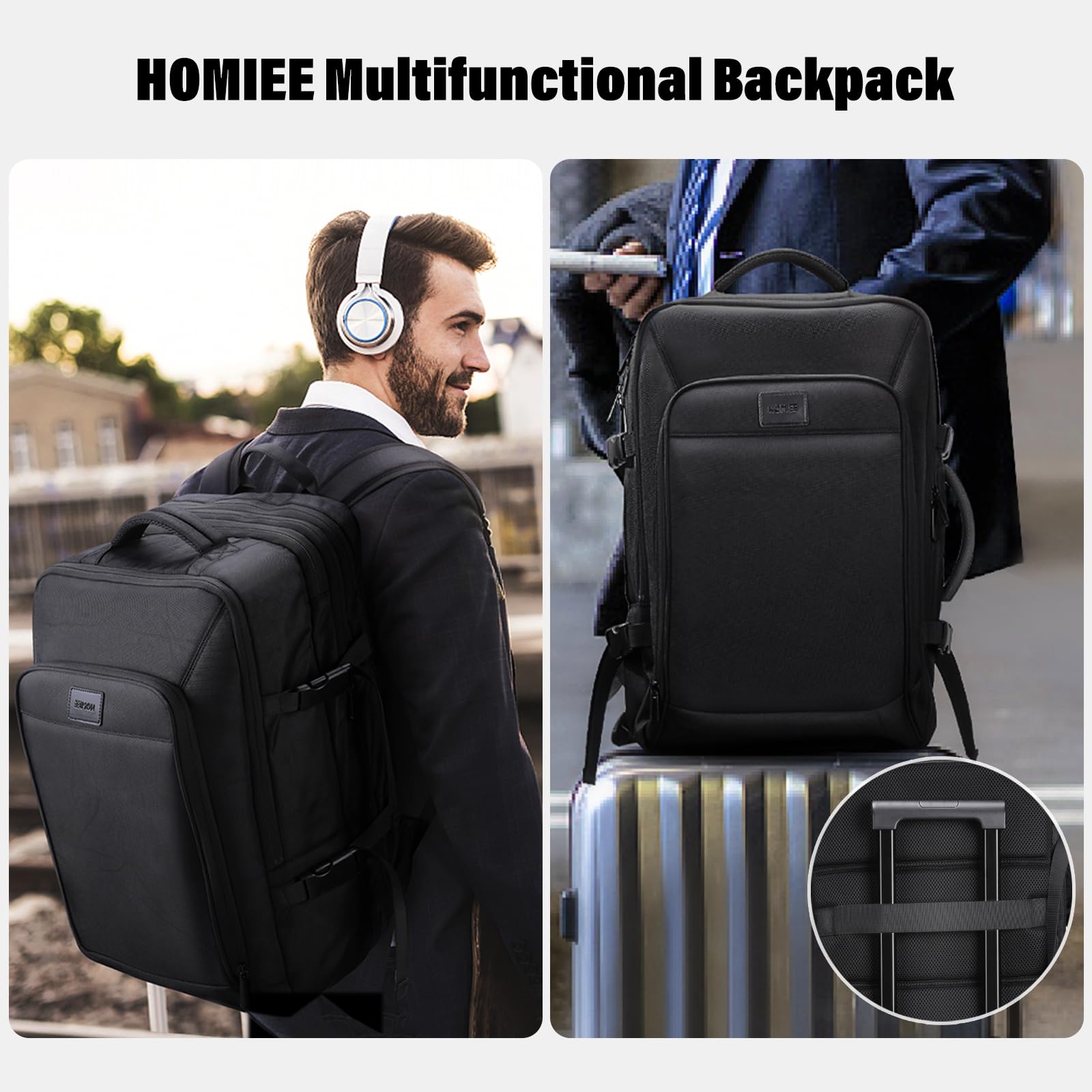 HOMIEE Zaino Viaggio Uomo 50L Zaino Aereo Valigia Bagaglio a Mano Borse Cabina Zaini Port PC 18 Pollici Espandibile Impermeabile Zainetto per Laptop Università Lavoro d'affari (Nero)