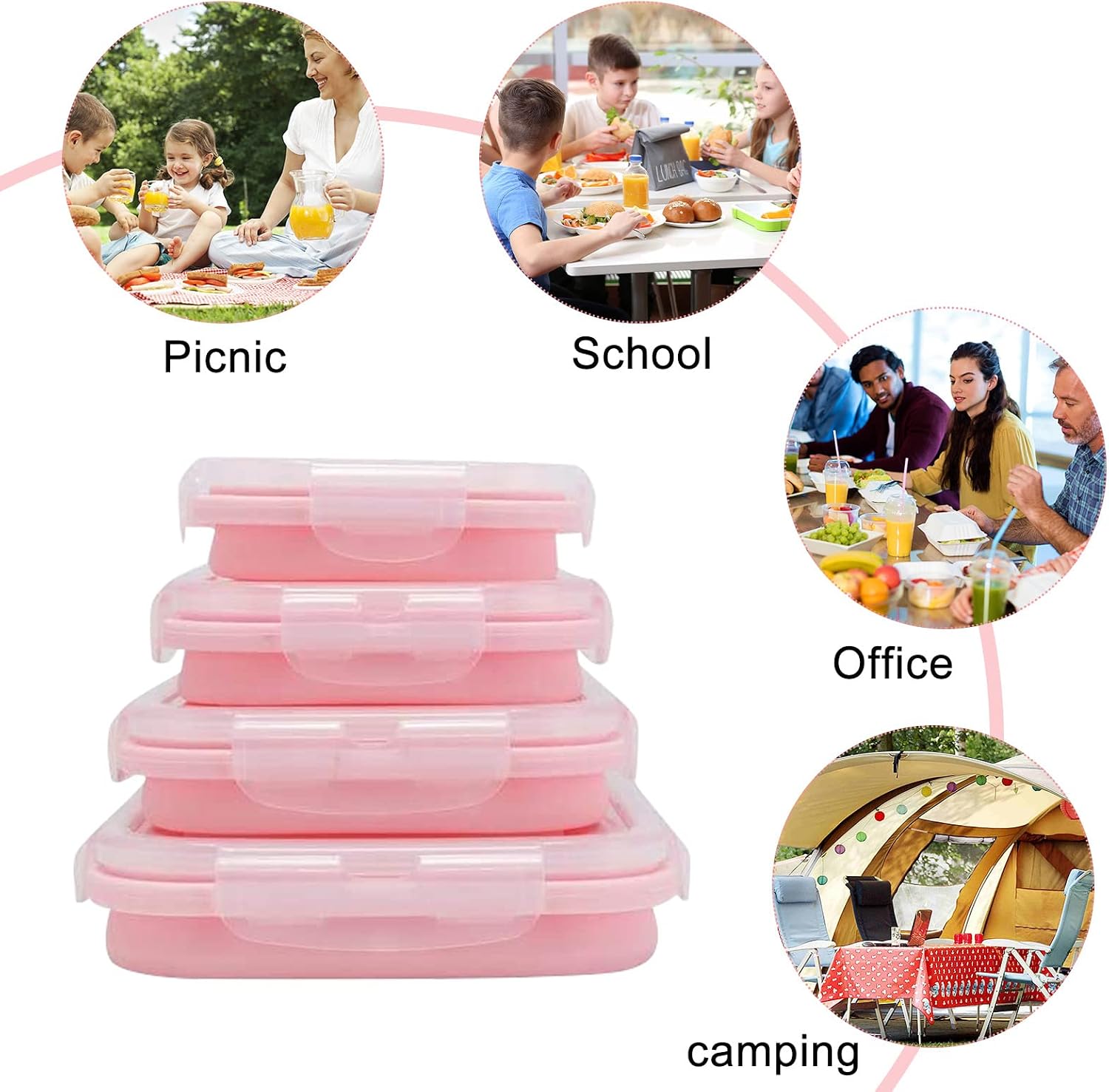 Yagote 4 Pcs Silicone Collapsible Food Storage Containers with Lids Silicone Lunch Box Bento Box BPA free for Kitchen Pantry Organization Microwave Freezer (4pcs-Pink)