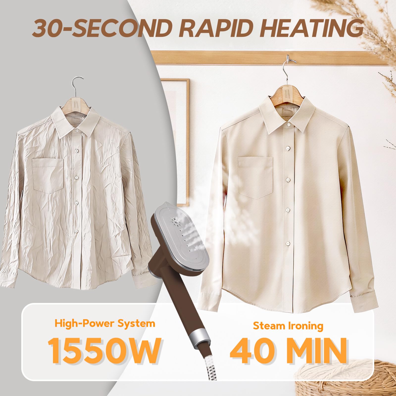 2 In 1 Steamer for Clothes: 1550W Powerful Steamer with 1100ml Detachable Tank, 30s Fast Heat-Up, Horizontal & Vertical Use, Portable Wrinkle Remover for Clothes Drapes Bedding (Brown) image 3