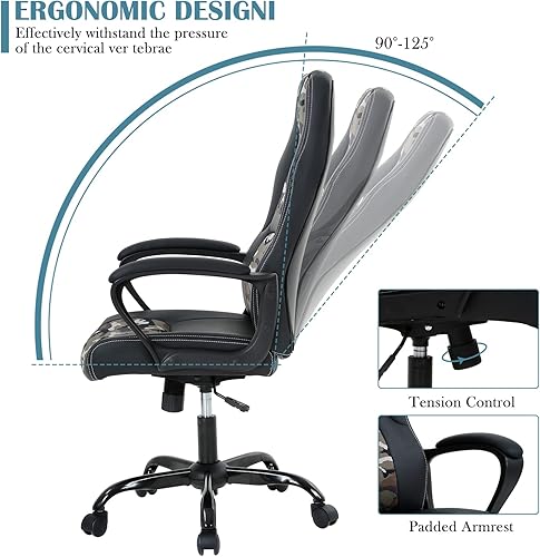 Miniatura 6 de Sillas de videojuegos para computadora, respaldo alto, silla de trabajo ergonómica de cuero con soporte lumbar y reposacabezas, silla de escritorio