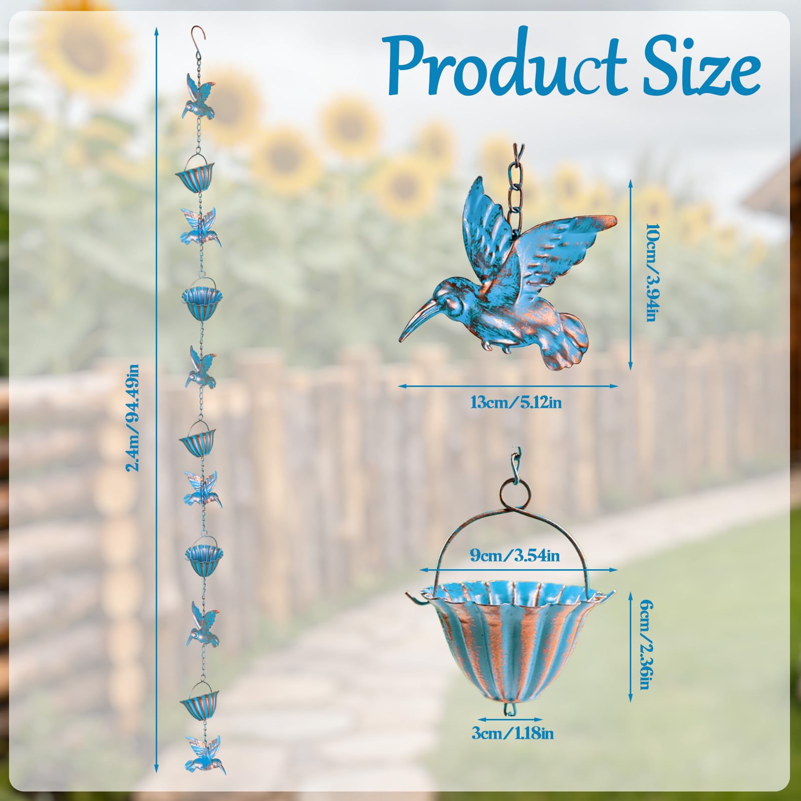 Cadena de Lluvia de 2,4 m, Cadena de Drenaje de Lluvia de Metal de Colibrí con 7 Pájaros y 7 Tazas Hecho de Azul Retro para Canalones Jardines y decoración del Hogar