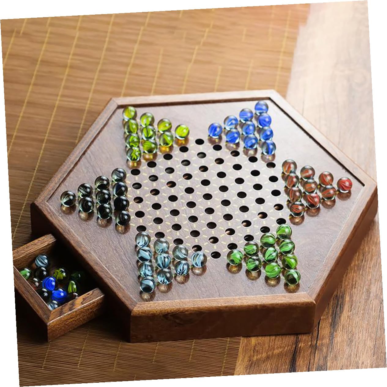 Set Gioco Dama Cinese in Legno con Scatola a Cassetto Esagonale, Gioco da Tavolo Strategico per Intrattenimento Familiare, Adatto a Giovani e Anziani