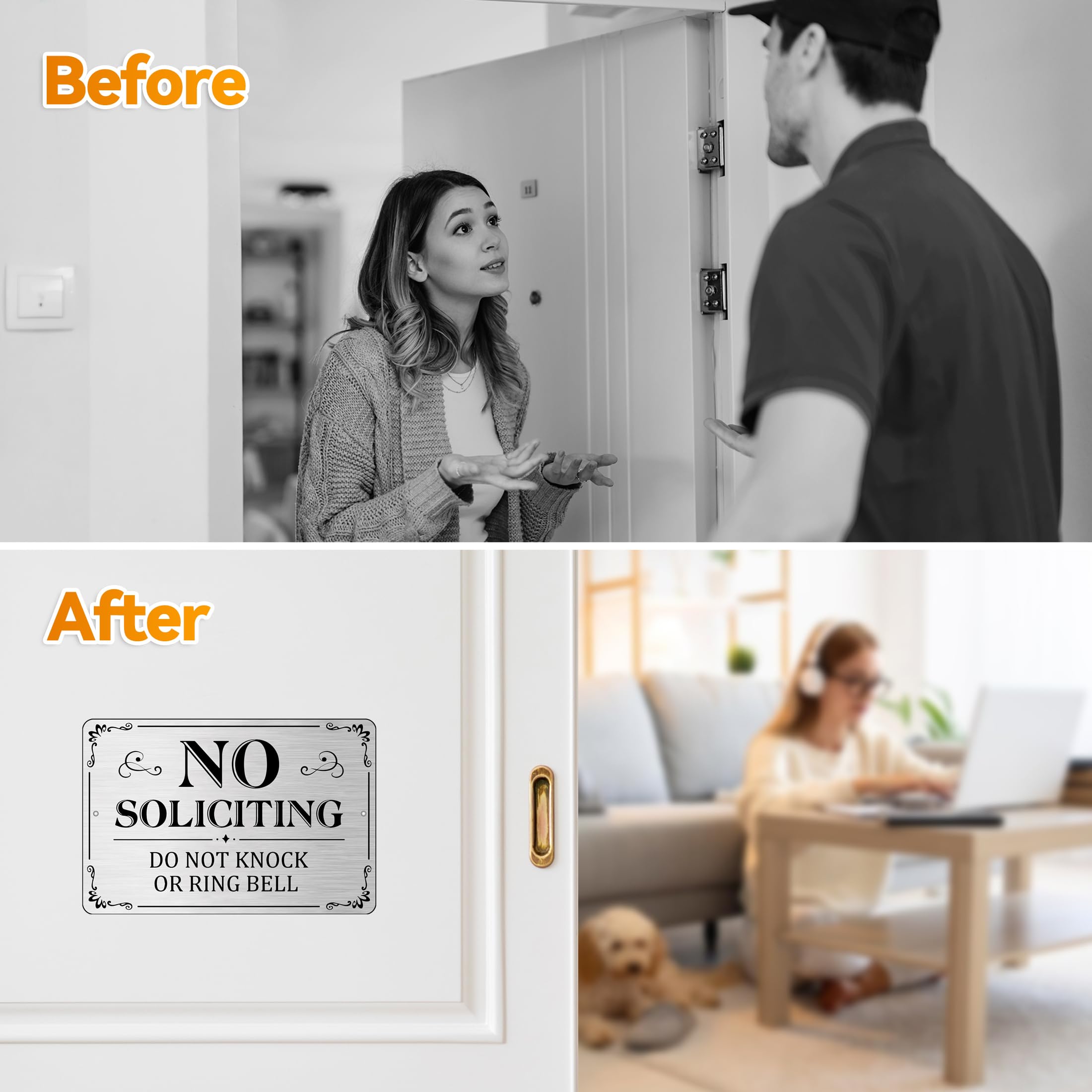 Letrero de no solicitar para puerta delantera, 2 unidades, letrero autoadhesivo de no solicitar para casa, 6 x 4 pulgadas, letreros de metal de aluminio para patio (plateado cepillado/negro, mediano 6
