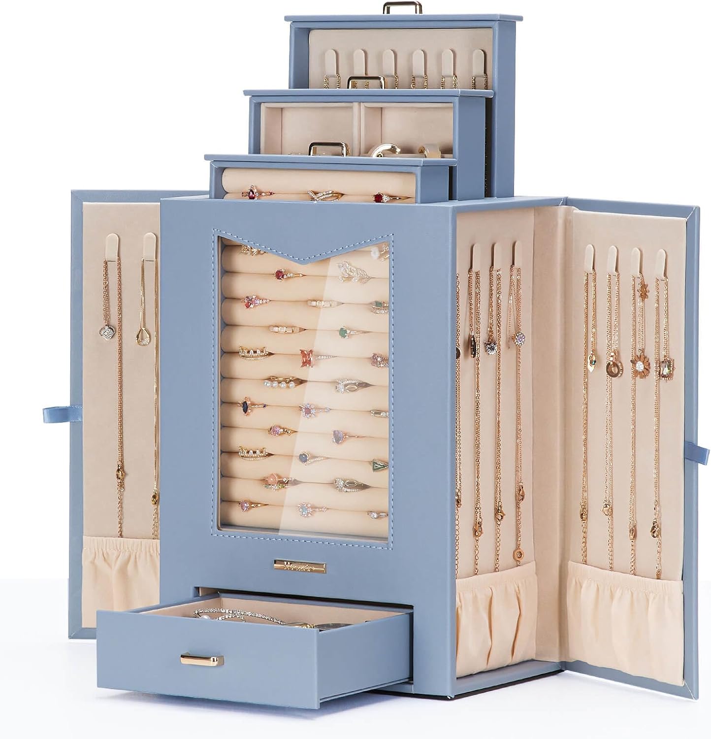 Homde Homde Jewelry Organizer with Transparent Window Necklace Hooks Gift for Women Jewelry Box Display Case for Necklaces Rings Earrings Bracelets and Other Accessories (Grey Blue)