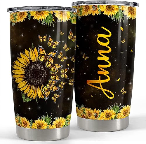 Vaso de mariposa personalizado con diseño de girasol, 20 onzas, 30 onzas, con tapa, regalo para mujeres, niñas, mejores amigas, mamá, madre,