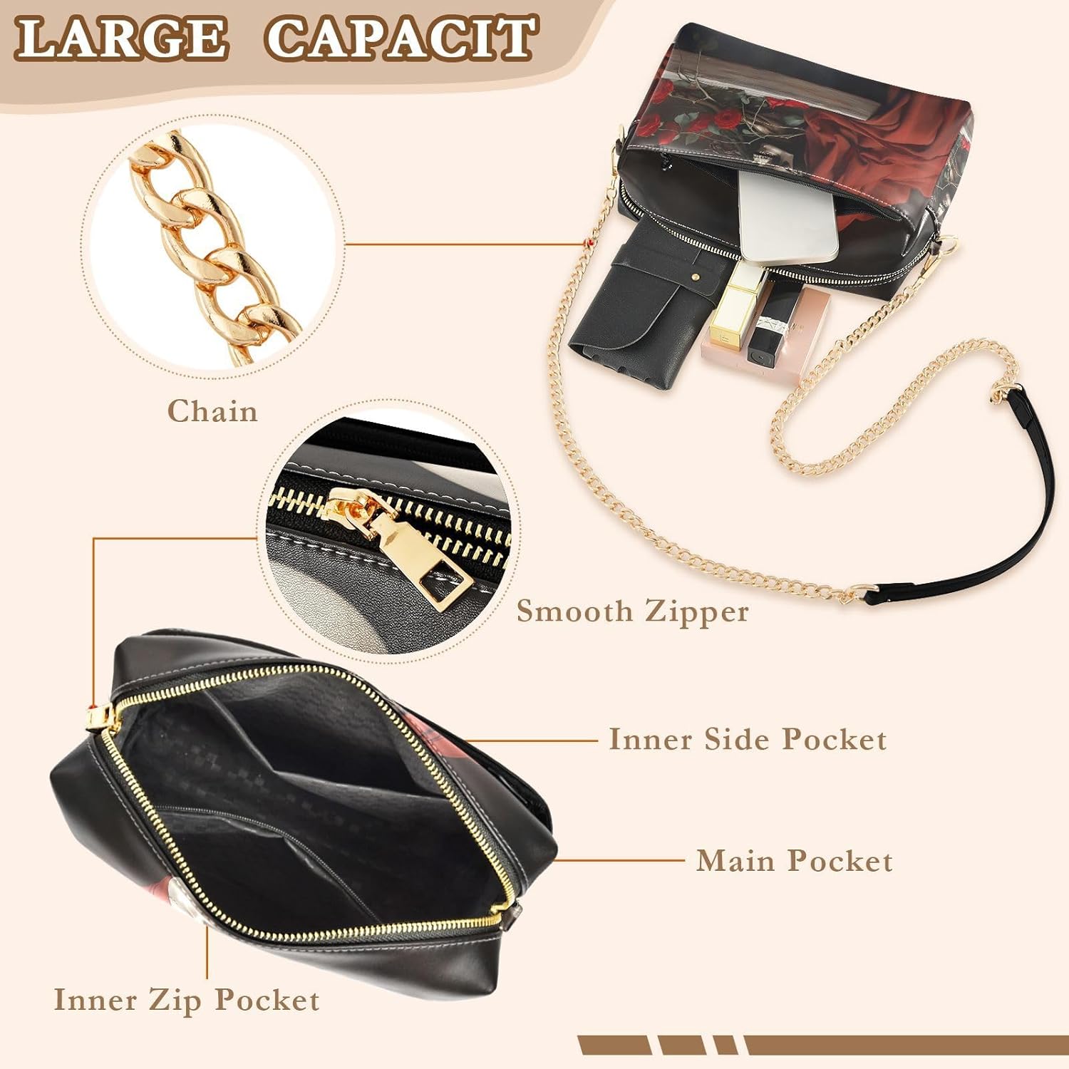 Red Skull Rose Women's PU Leather Crossbody Bag Shoulder Handbag Cellphone Purse with Metal Chain Strap Water Resistant Zipper Closure