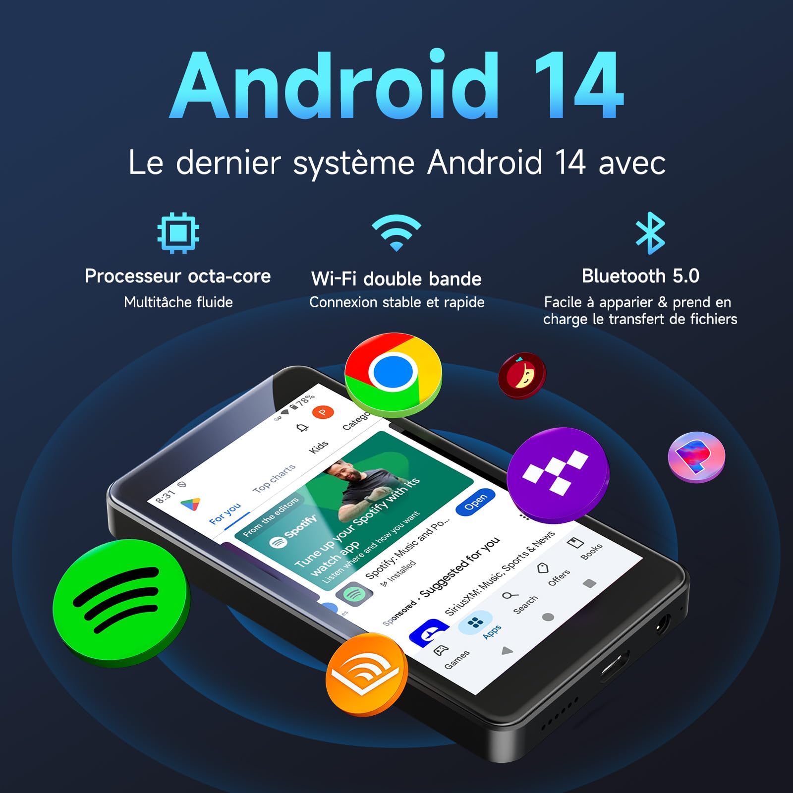 Lecteur MP3 Android 14 avec Spotify, Play Store, Amazon Music, Audible, Libby, Lecteur MP4 à écran Tactile 4 Pouces pour Enfants avec contrôle Parental, Mode Eye-Care (Noir Brillant)