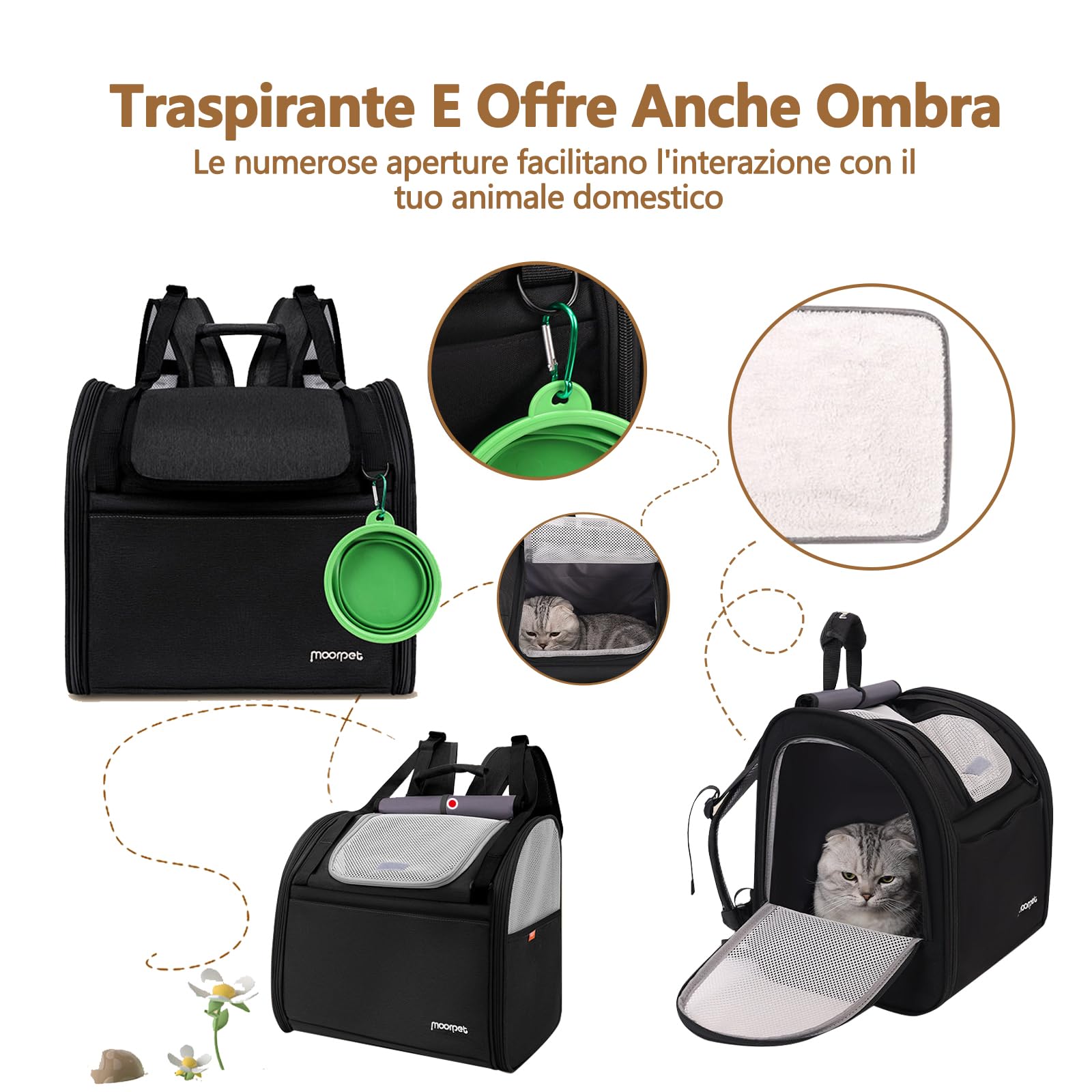 Galatée Zaino Per Animali Domestici, Realizzato In Tessuto Oxford Traspirante, Spazioso, Pieghevole, Con Struttura In Filo d'Acciaio Di Supporto Per Evitare Il Collasso (Nero)