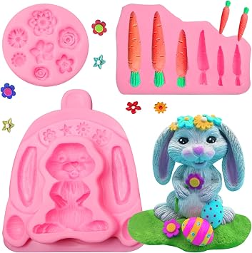 3D Easter Bunny Rabbit Silicone Mold, Large Rabbit Carrot Chocolate Molds, Bunny Egg Ear Daisy Flower Candy Molds for Cake Decoration Fondant Cookie Clay Resin Set of 3