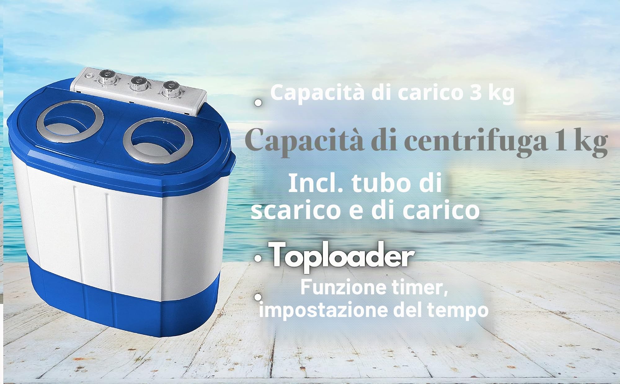 Mini Lavatrice | per campeggio | lavaggio Automatico | da viaggio| con funzione di rotazione | funzione di sicurezza | Fino a 3 kg | 580 Watt Max.