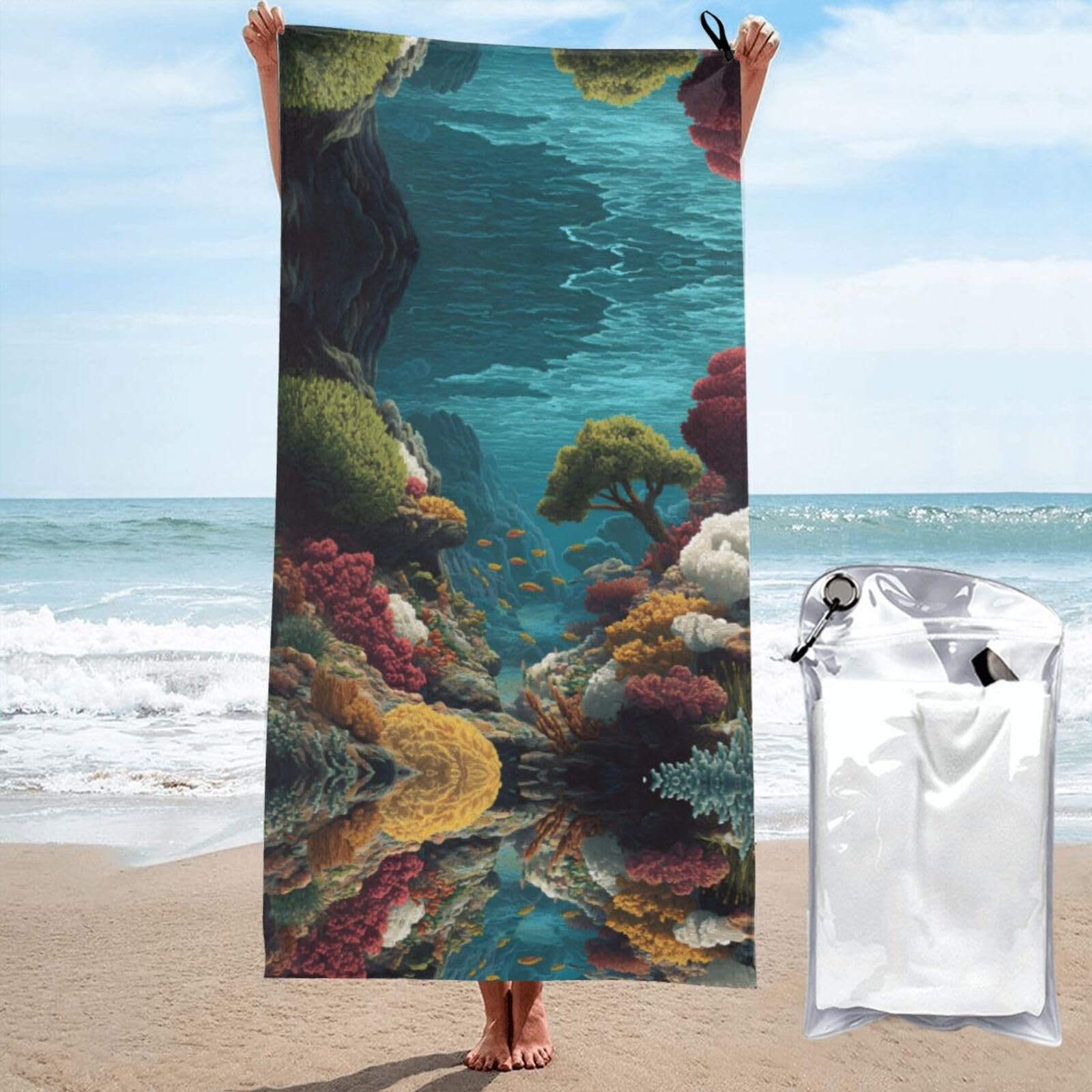 ESNAIUVCD Reef Print Beach Towel, Microfibre Sauna Towel, Quick-Drying Fitness Towel, Lightweight And Thin Portable Sauna Towel