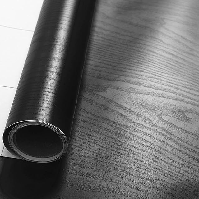 Black Wood Grain Paper Self Adhesive Black Vinyl Peel Stick Film Counter Top Covering Furniture Cabinets Wardrobe Shelf Liner Wallpaper Sticker Waterproof Easy to Remove,40cm by 8.2ft