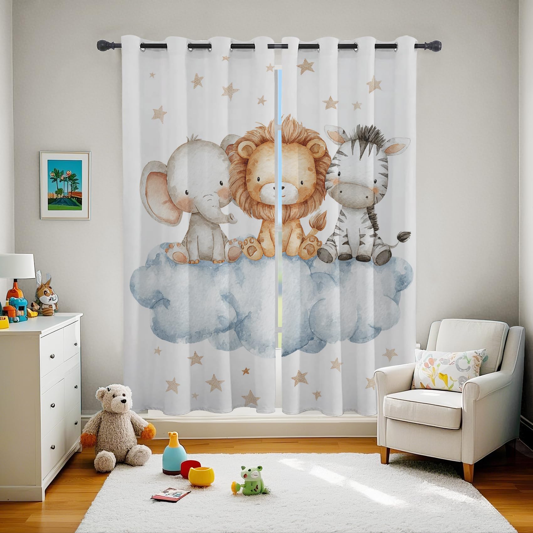 Générique Rideau Occultant Safari Animaux, Motif Lion Éléphant Zèbre, Rideaux Thermiques à Oeillets pour Chambre Salon, Enfants Garçons Filles Lot de 2 Décoration de Fenêtre 140x200 (LxH), &240oT